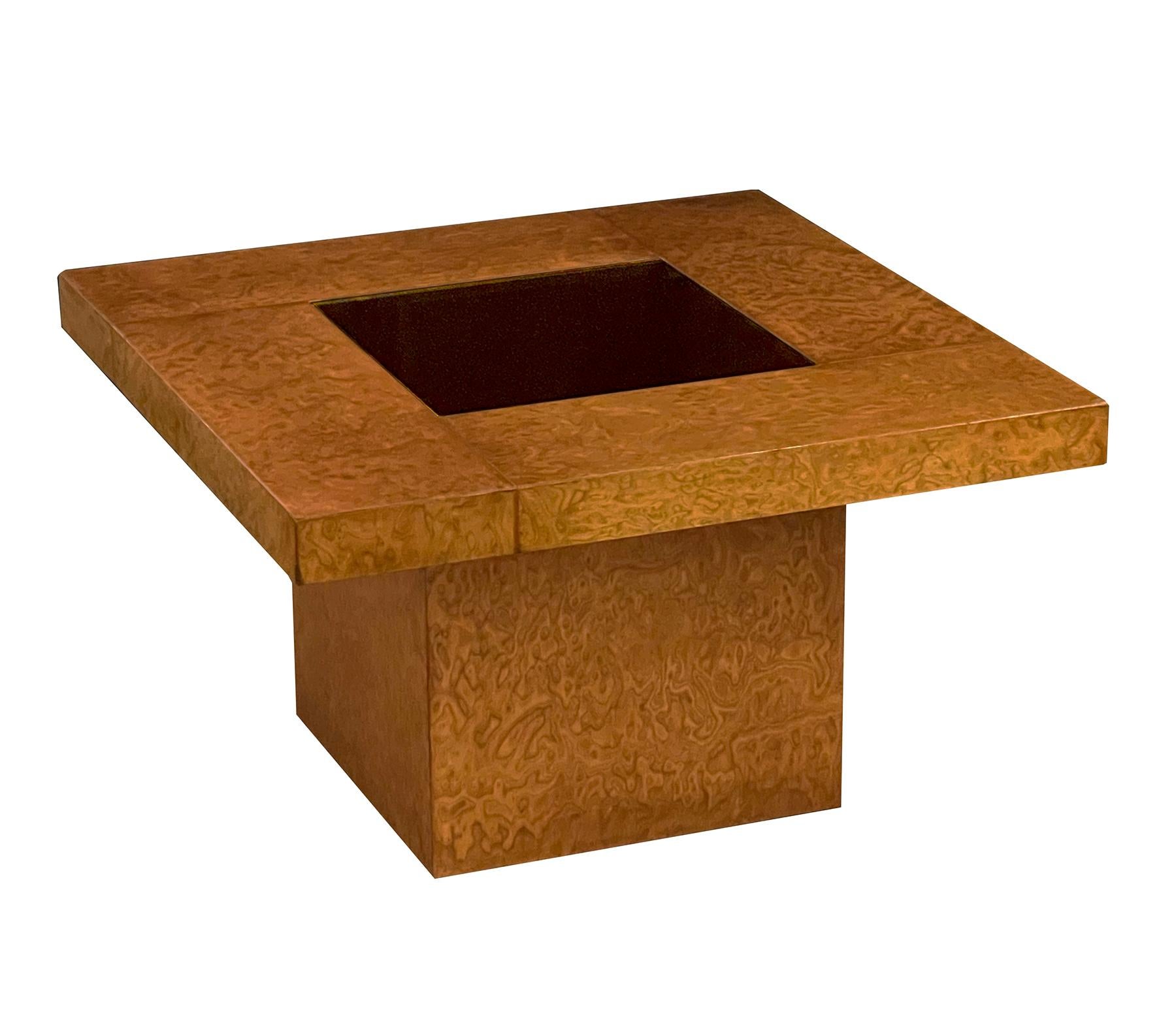 Mid-Century Modern Pair G-Plan 1950s Burl Amboyna Square Coffee Tables with Bronze Glass Inserts