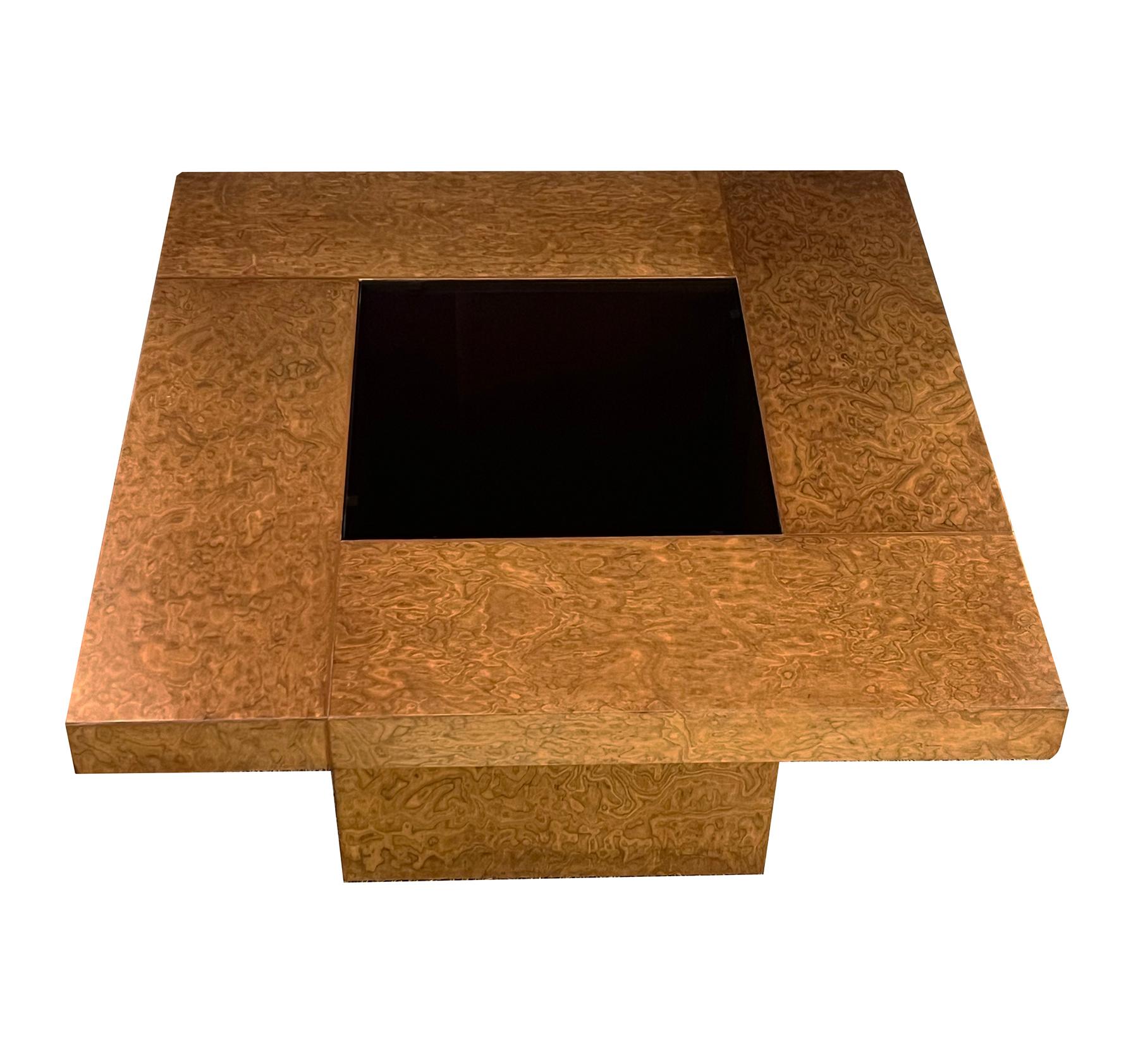 English Pair G-Plan 1950s Burl Amboyna Square Coffee Tables with Bronze Glass Inserts