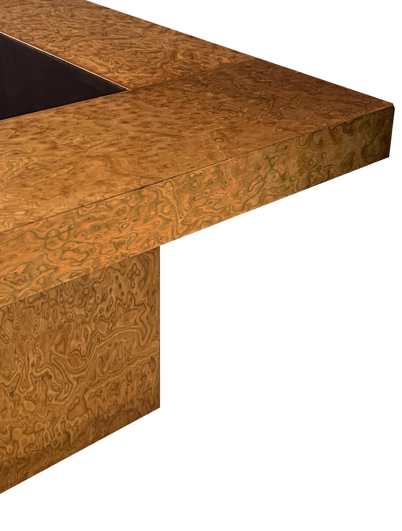 Pair G-Plan 1950s Burl Amboyna Square Coffee Tables with Bronze Glass Inserts In Good Condition In San Francisco, CA