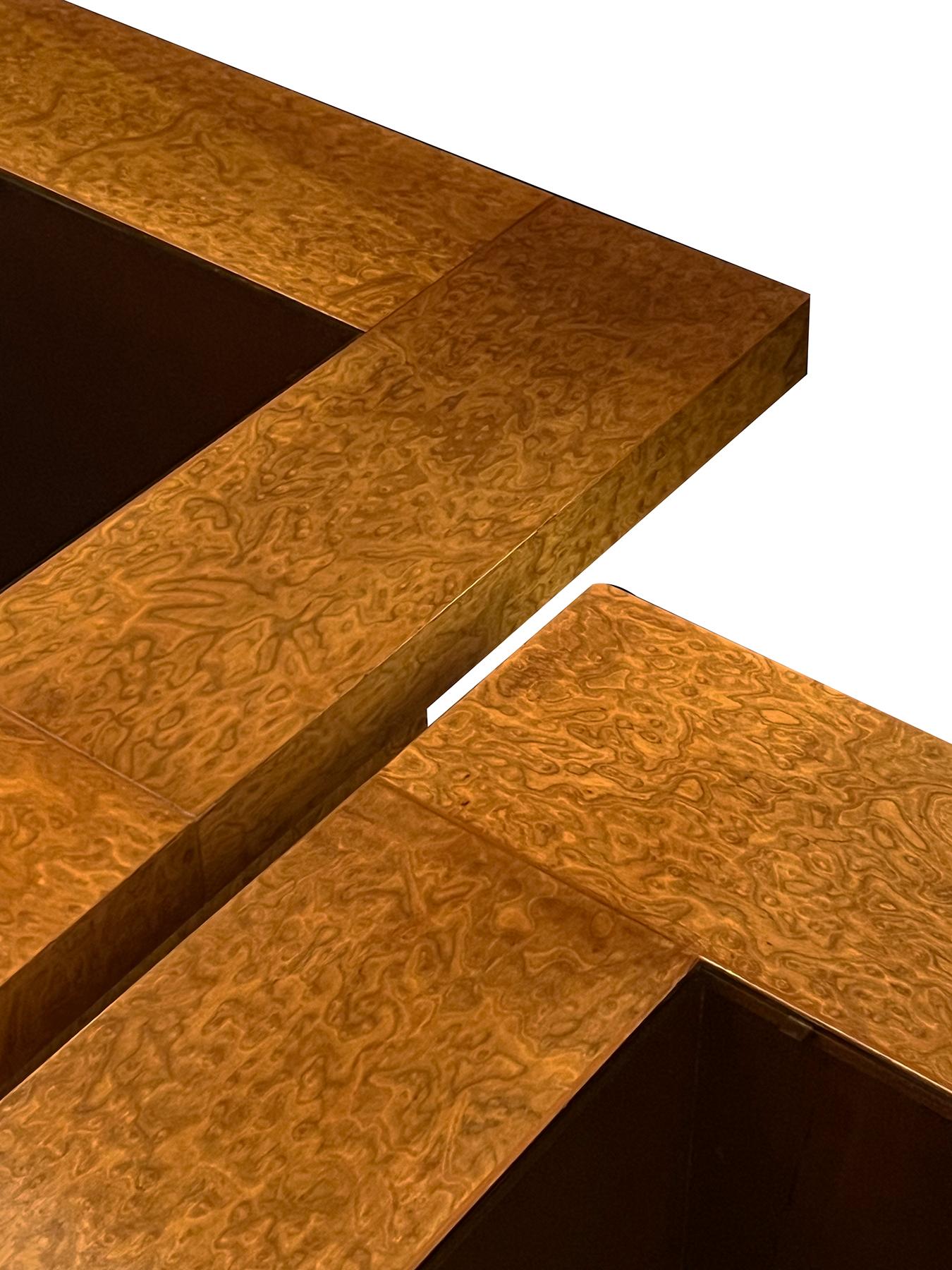 Mid-20th Century Pair G-Plan 1950s Burl Amboyna Square Coffee Tables with Bronze Glass Inserts