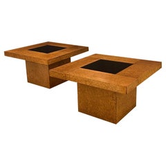 Vintage Pair G-Plan 1950s Burl Amboyna Square Coffee Tables with Bronze Glass Inserts