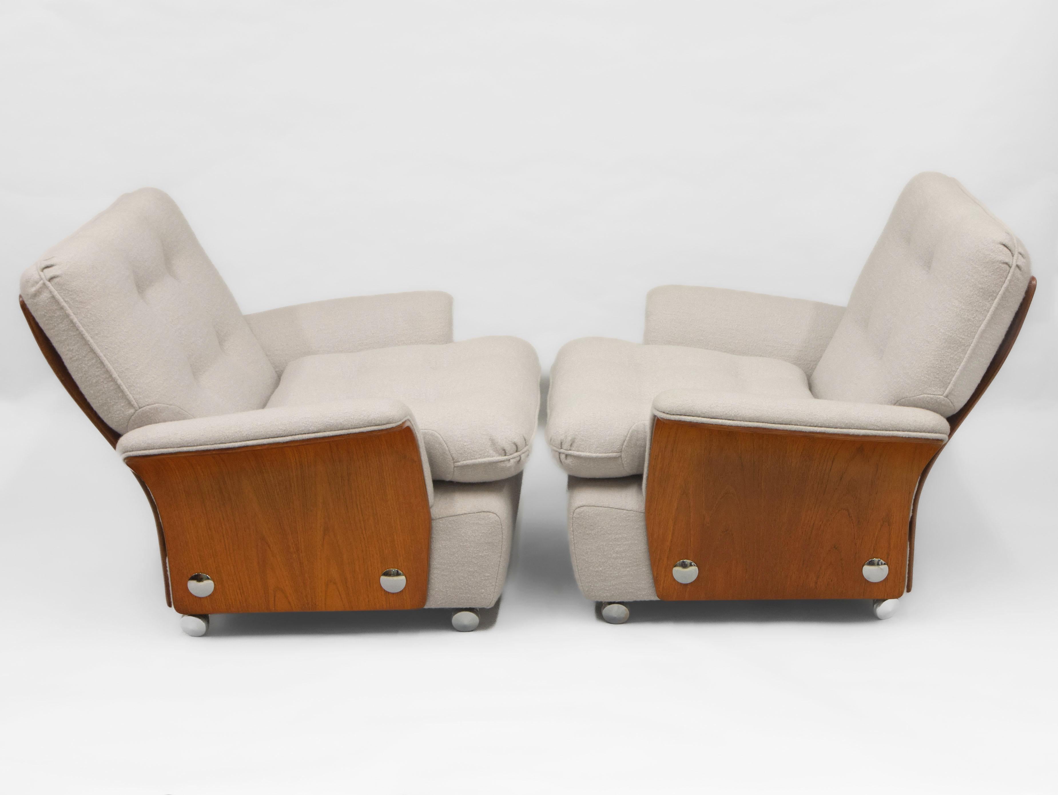 Pair G Plan Teak Tulip Lounge Armchairs with Bouclé Wool Upholstery In Good Condition In Norwich, GB