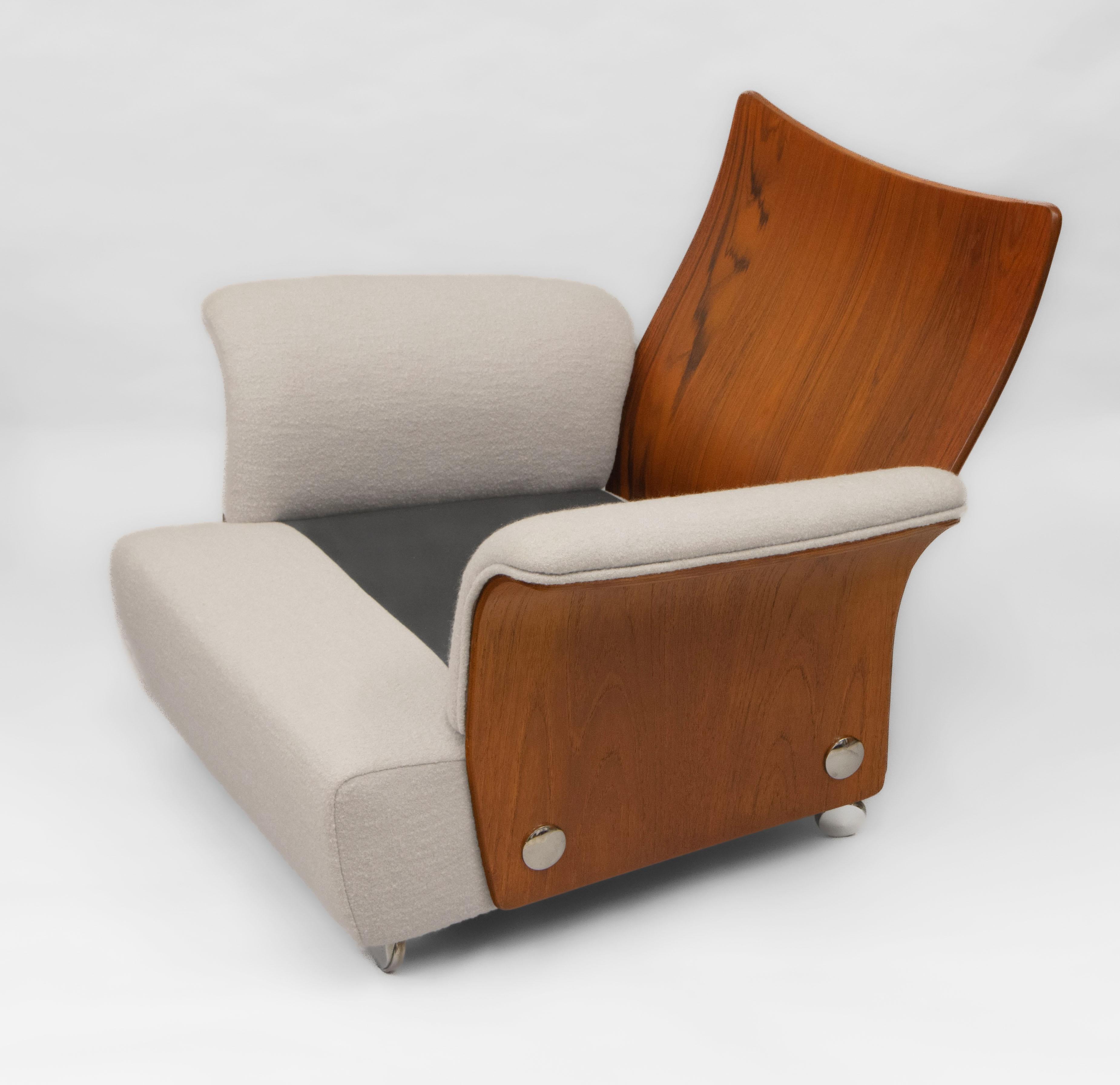 Pair G Plan Teak Tulip Lounge Armchairs with Bouclé Wool Upholstery 1