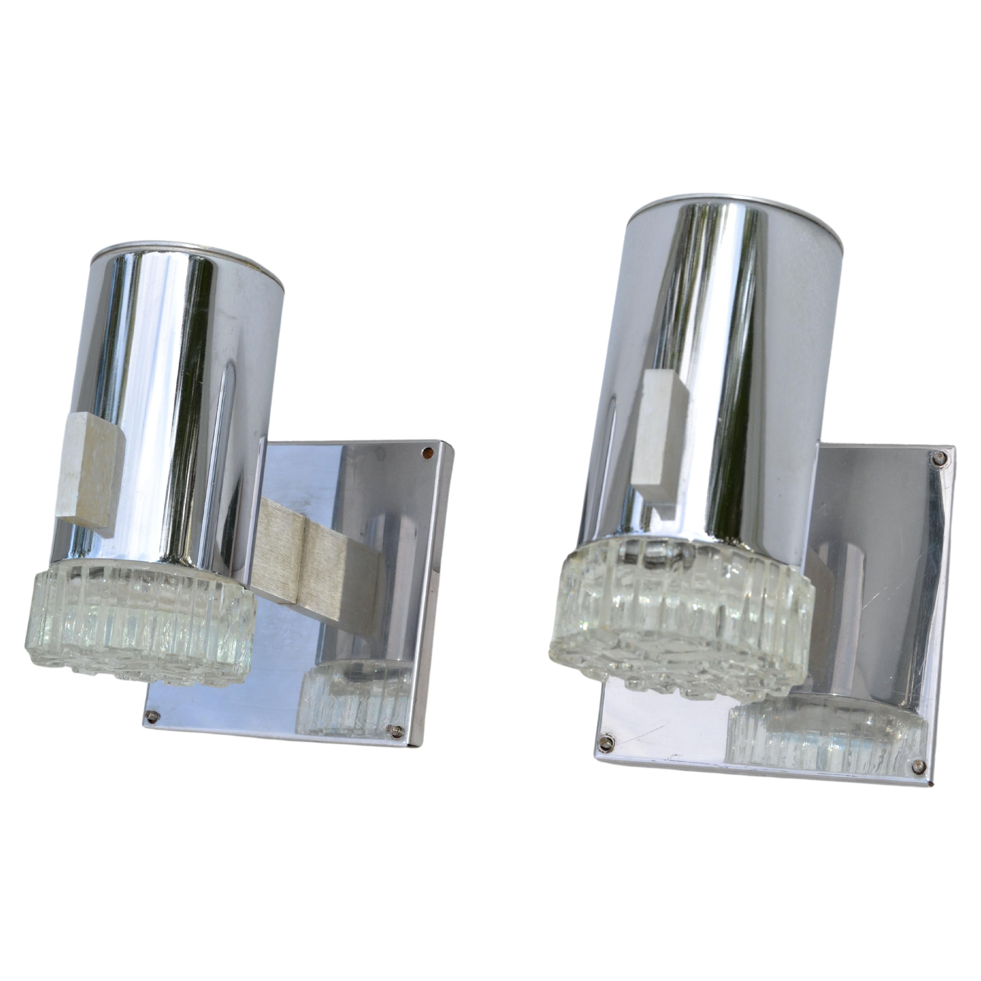 Pair, Gaetano Sciolari Italian Chrome & Cut Glass Sconces, Wall Lamps 