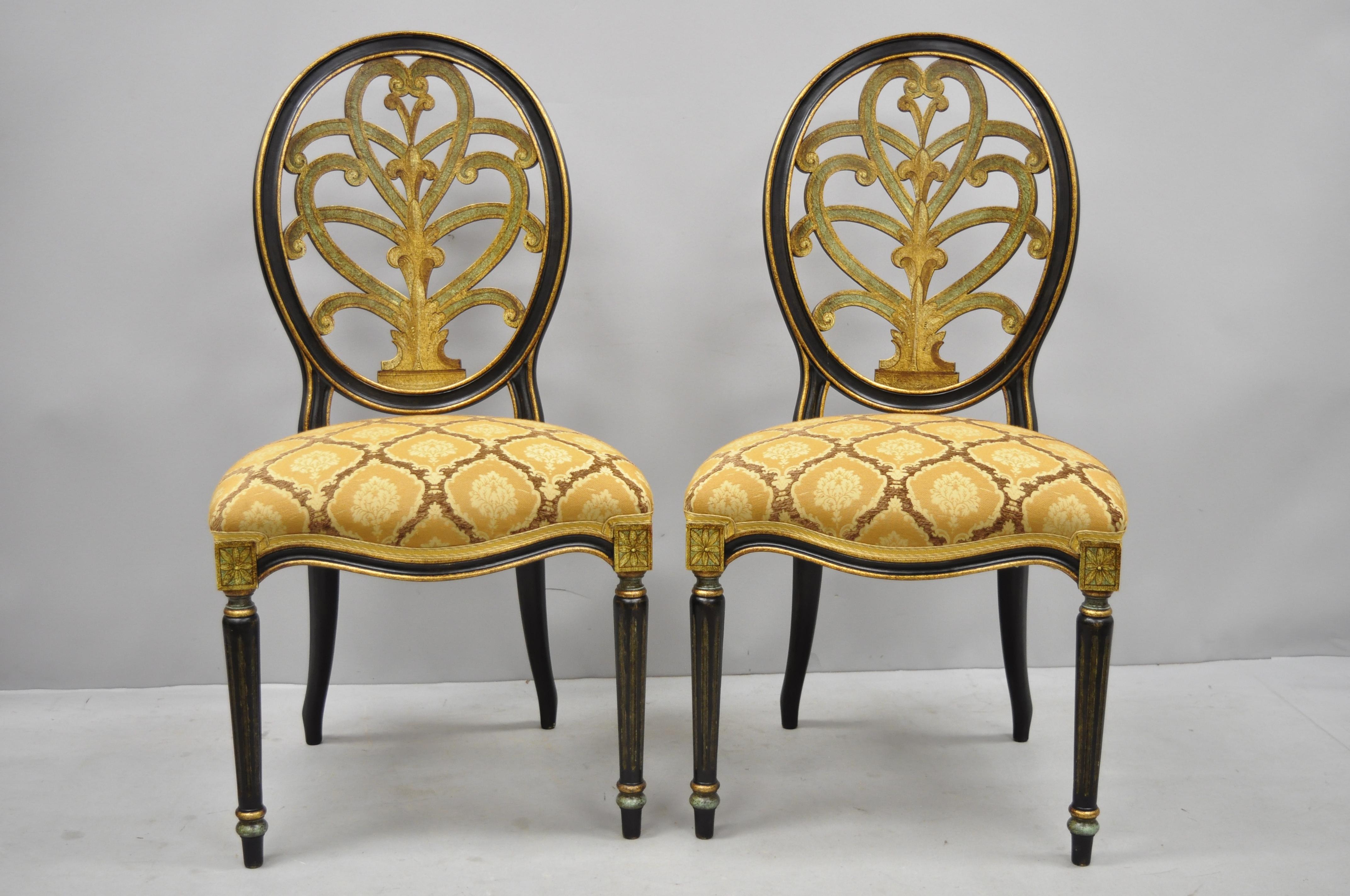 Pair of Galimberti Lino Italian Regency Hepplewhite Adams style pointed side chairs. Items feature plume carved scrollwork back, hand painted green gold and black distressed finish, angled and tapered legs, solid wood construction, original label,
