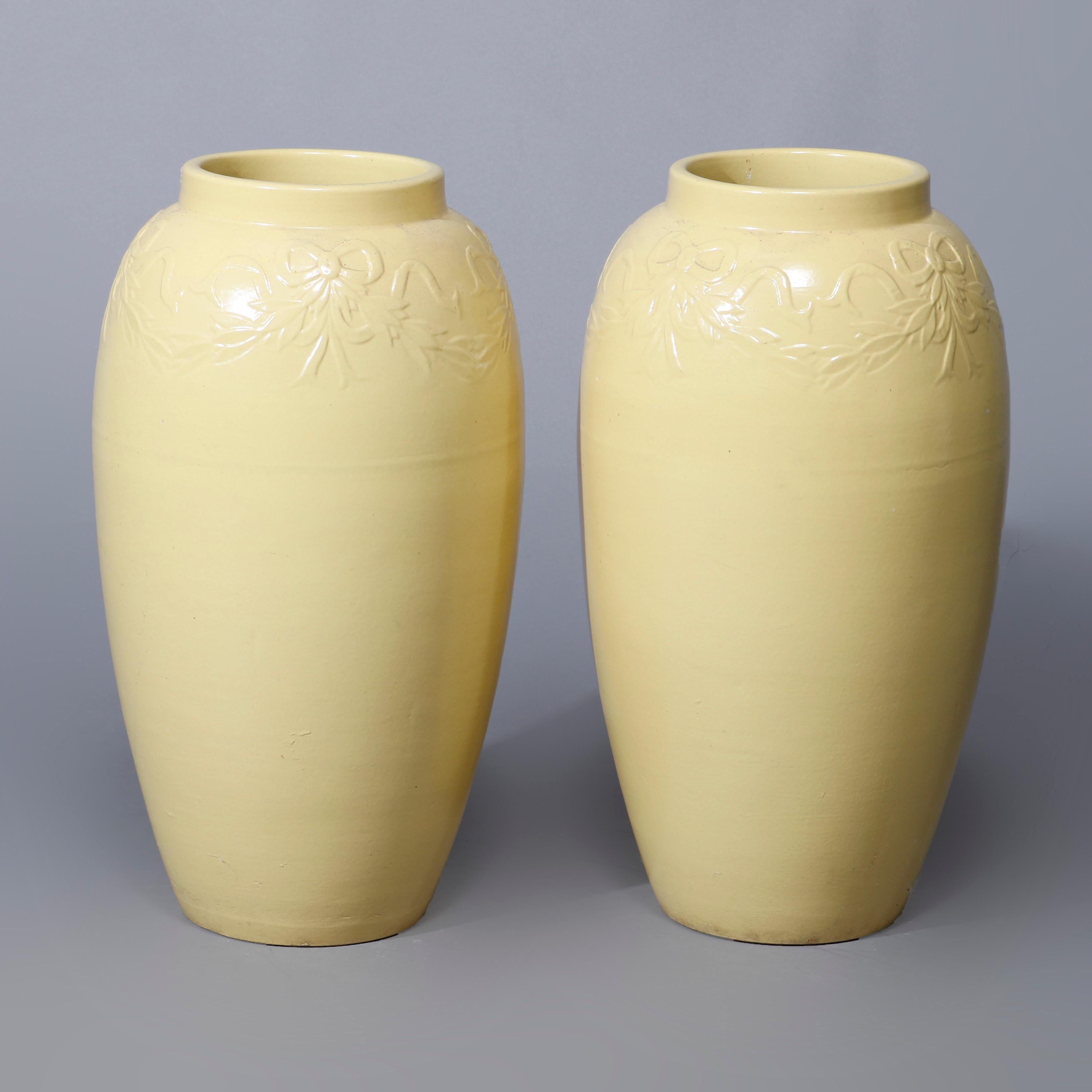 Pair Galloway Ribbon & Garland Embossed Art Pottery Floor Vases C1930

Measures - 22