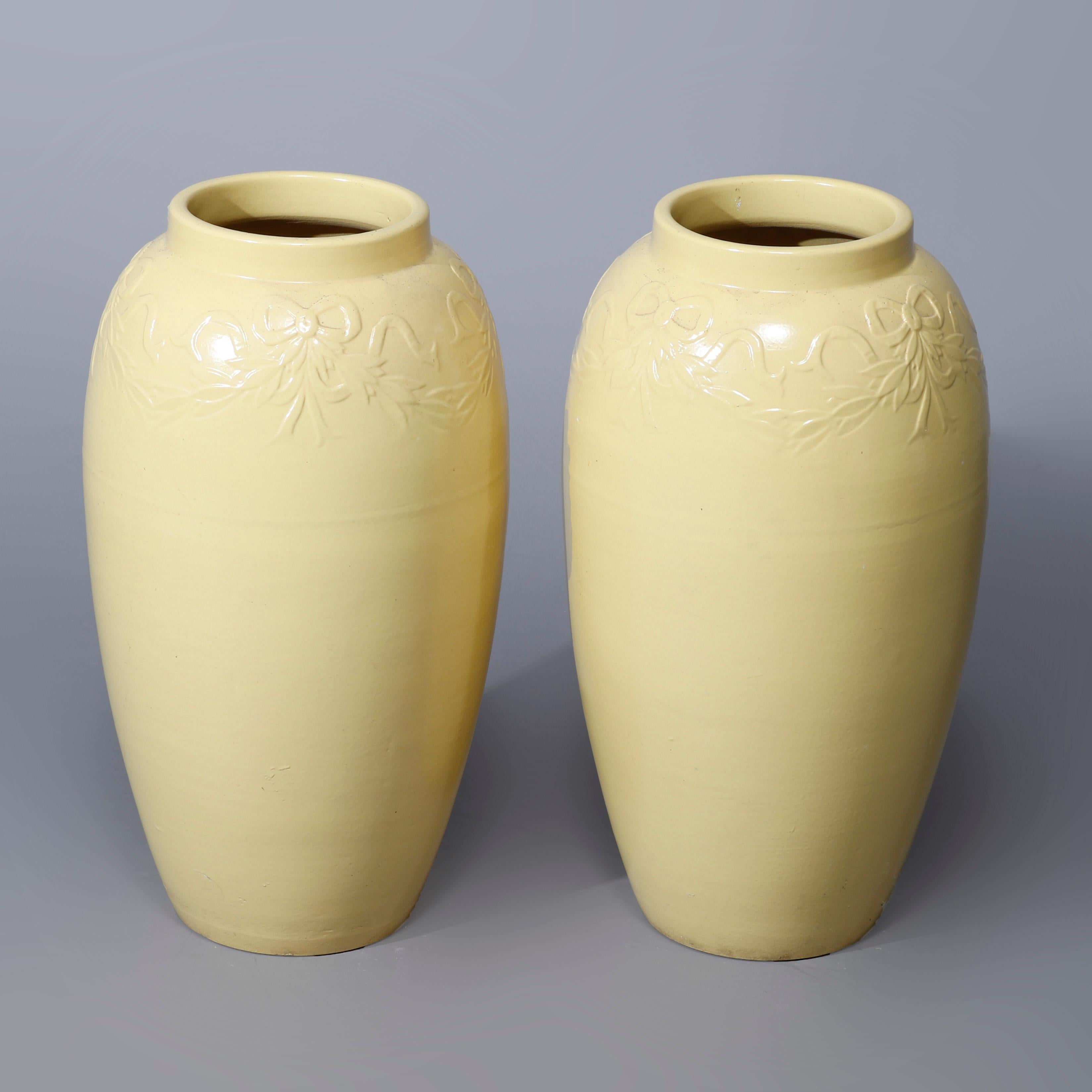 20th Century Pair Galloway Ribbon & Garland Embossed Art Pottery Floor Vases C1930 For Sale