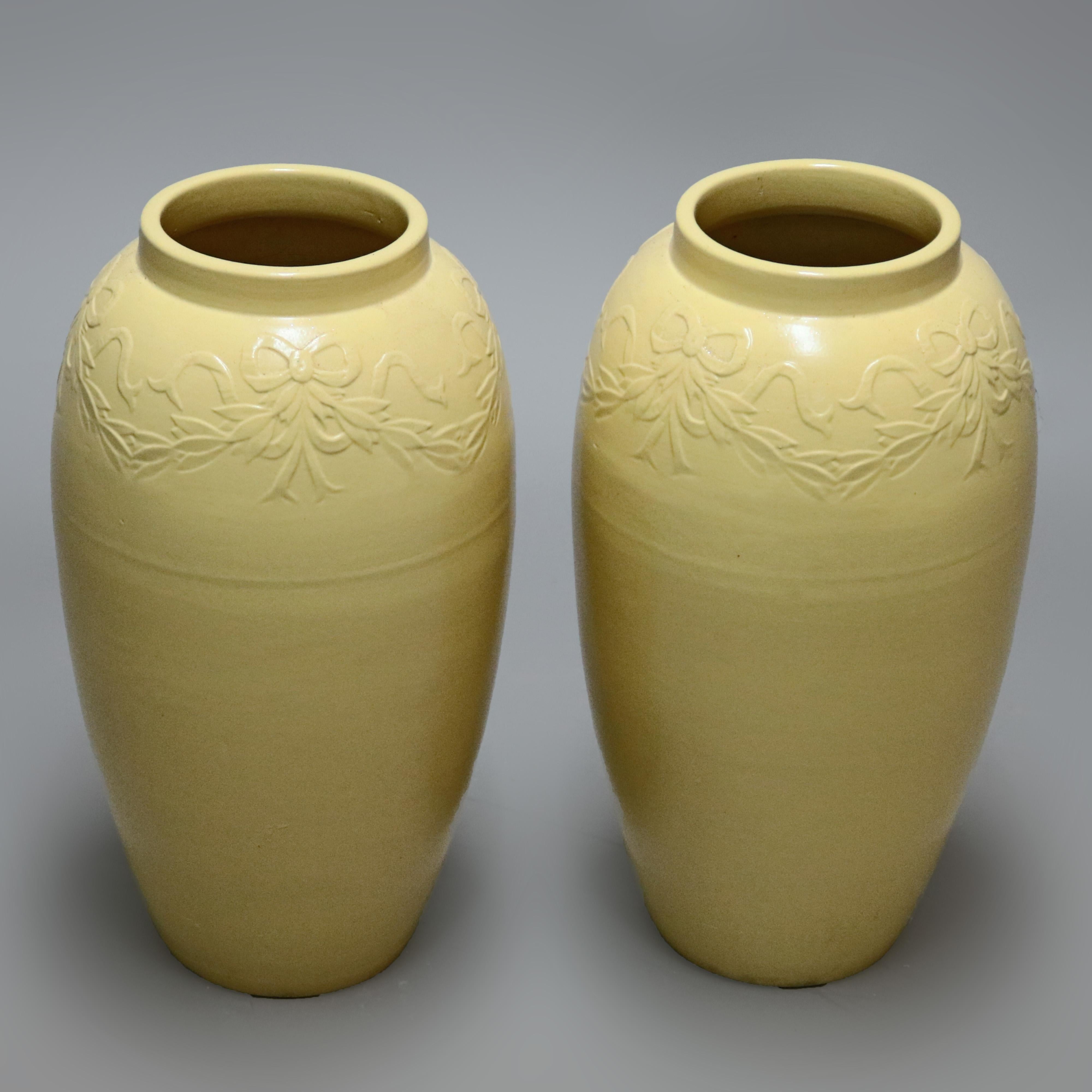 Pair Galloway Ribbon & Garland Embossed Art Pottery Floor Vases C1930 For Sale 1