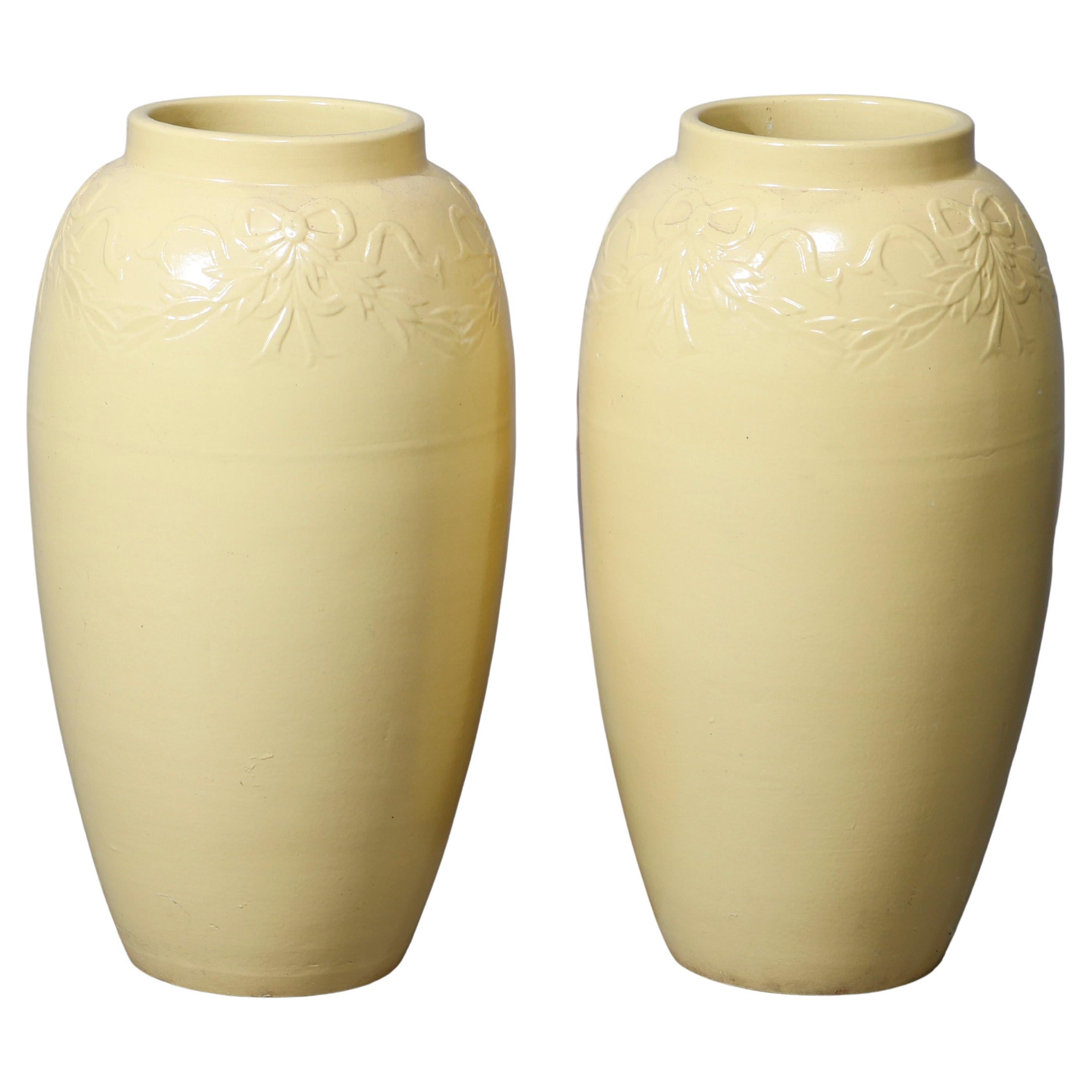 Pair Galloway Ribbon & Garland Embossed Art Pottery Floor Vases C1930
