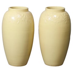 Antique Pair Galloway Ribbon & Garland Embossed Art Pottery Floor Vases C1930