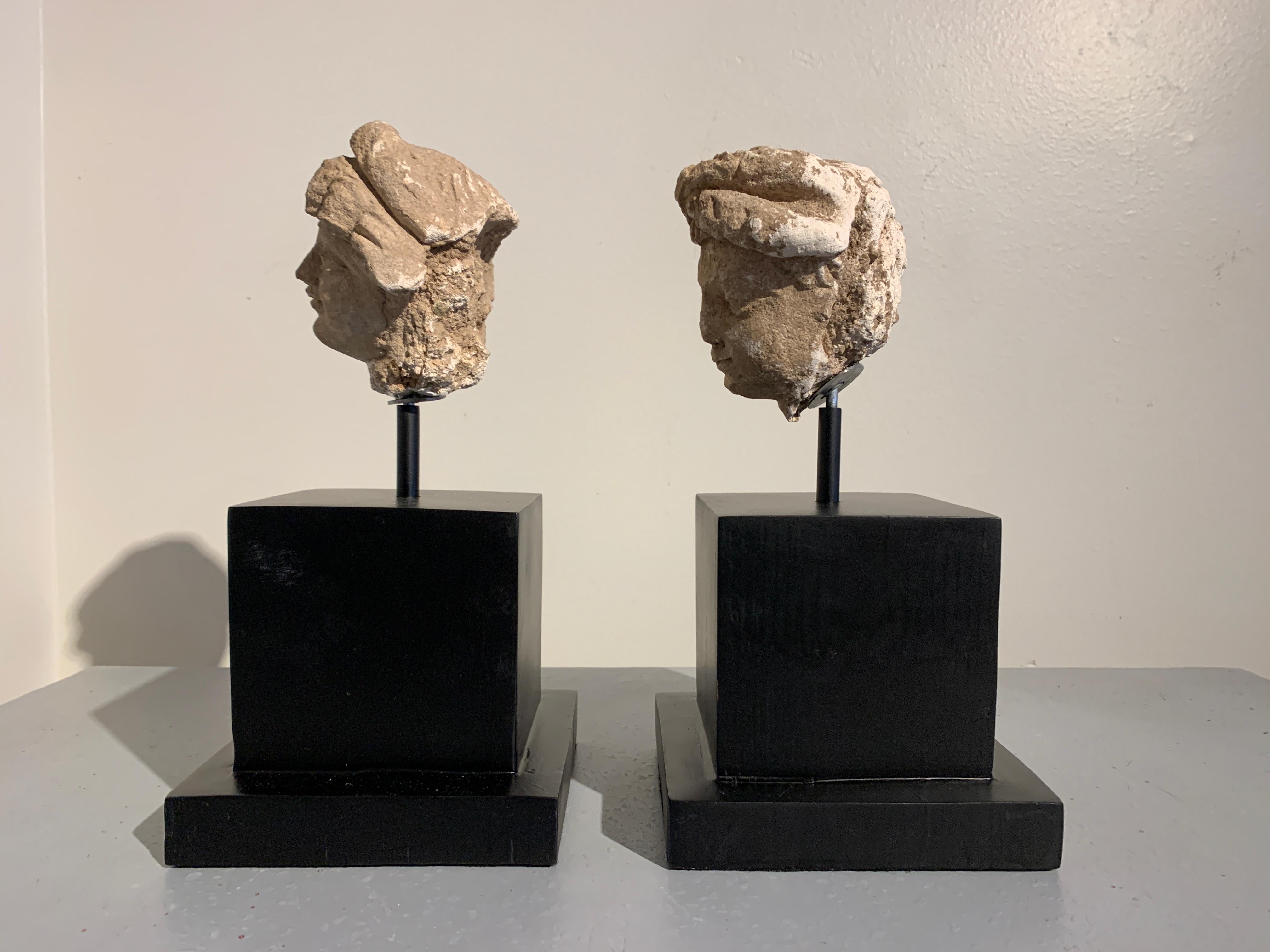 Hand-Crafted Pair Gandharan Stucco Heads of Donors, 3rd-5th Century, Gandhara For Sale