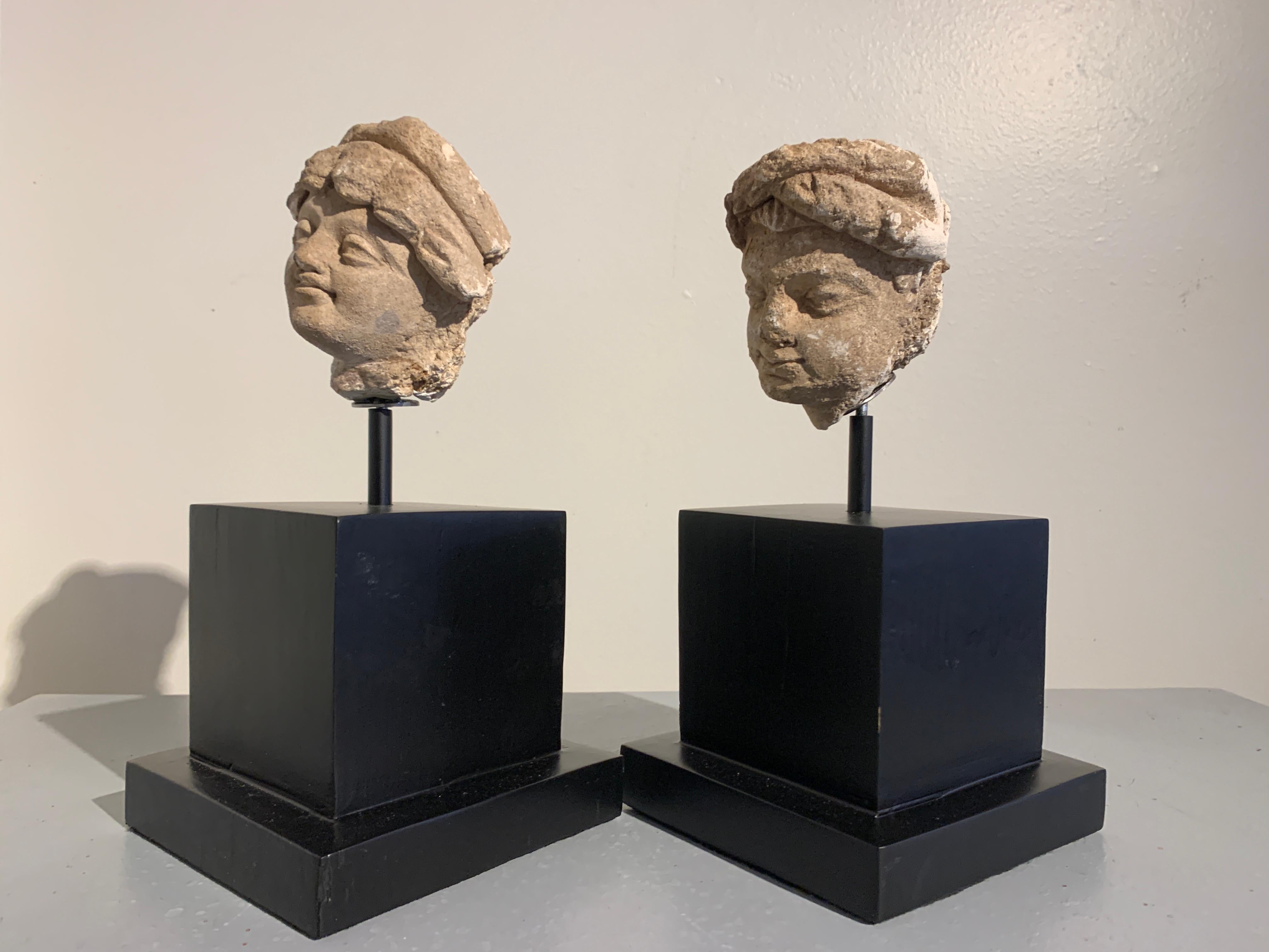 Pair Gandharan Stucco Heads of Donors, 3rd-5th Century, Gandhara In Good Condition For Sale In Austin, TX