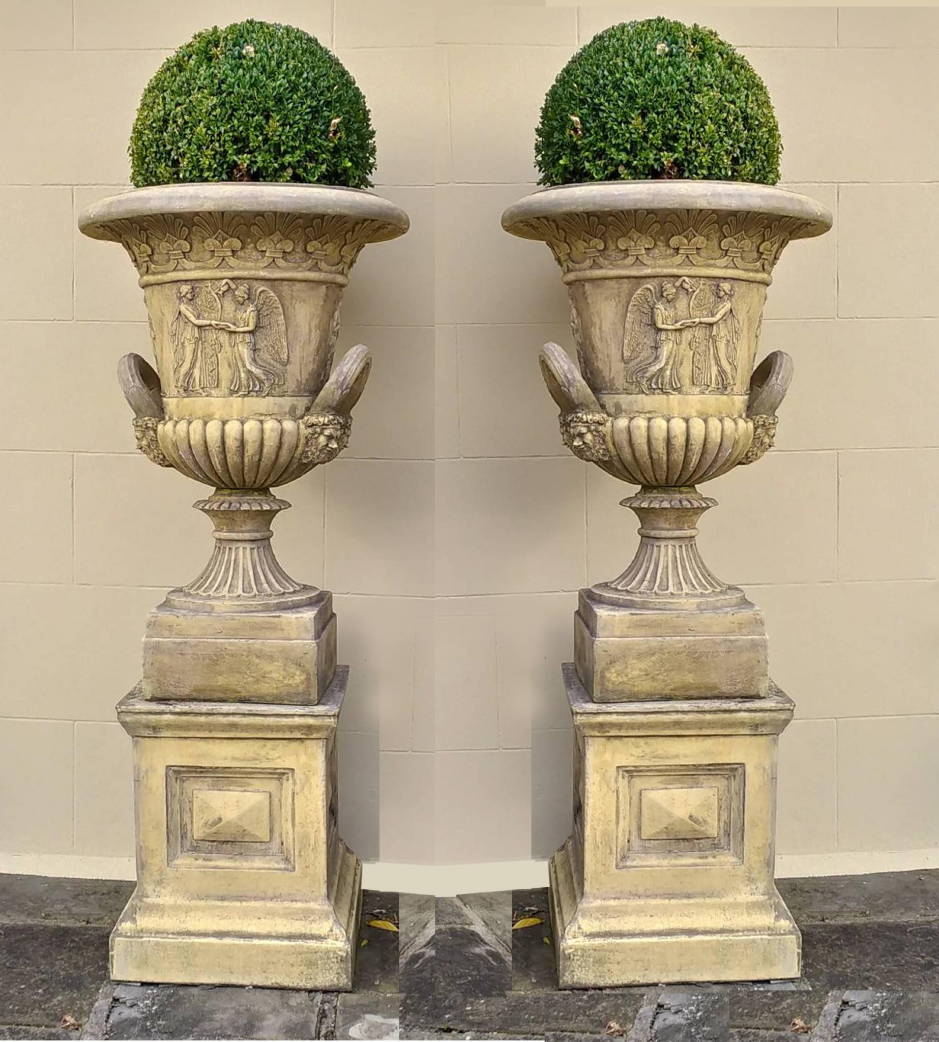 Pair gorgeous classical garden urns of campana form
Perfect for achieving that air of classical refinement in the classic English garden
These are in the manner of Thomas Hope who almost singlehandedly defined the classic Regency look
Can you