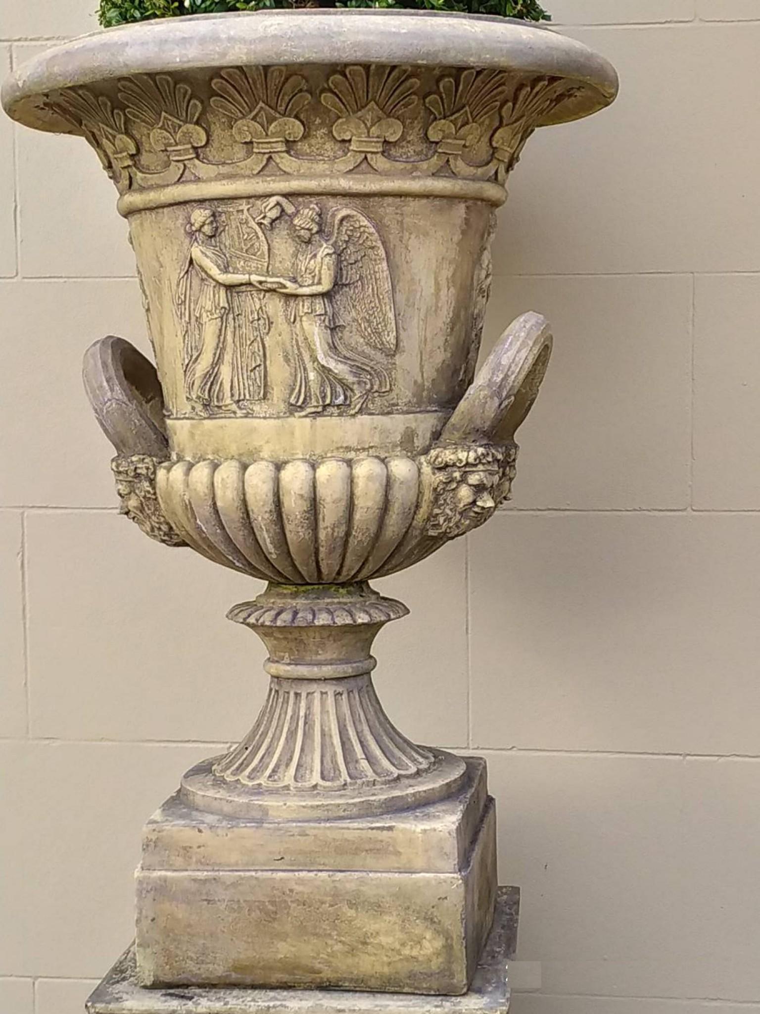 Pair Garden Campana Urns Pedestal Base Classical Thomas Hope Terracotta In Good Condition For Sale In Potters Bar, GB