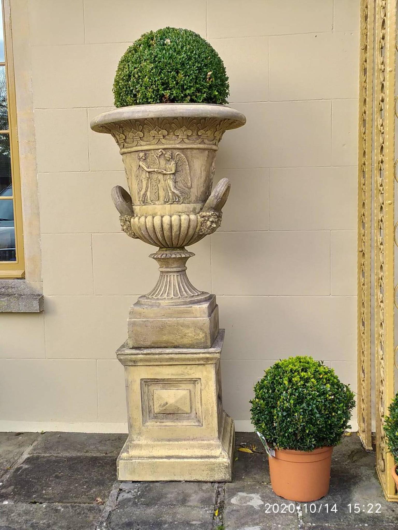 Late 20th Century Pair Garden Campana Urns Pedestal Base Classical Thomas Hope Terracotta For Sale