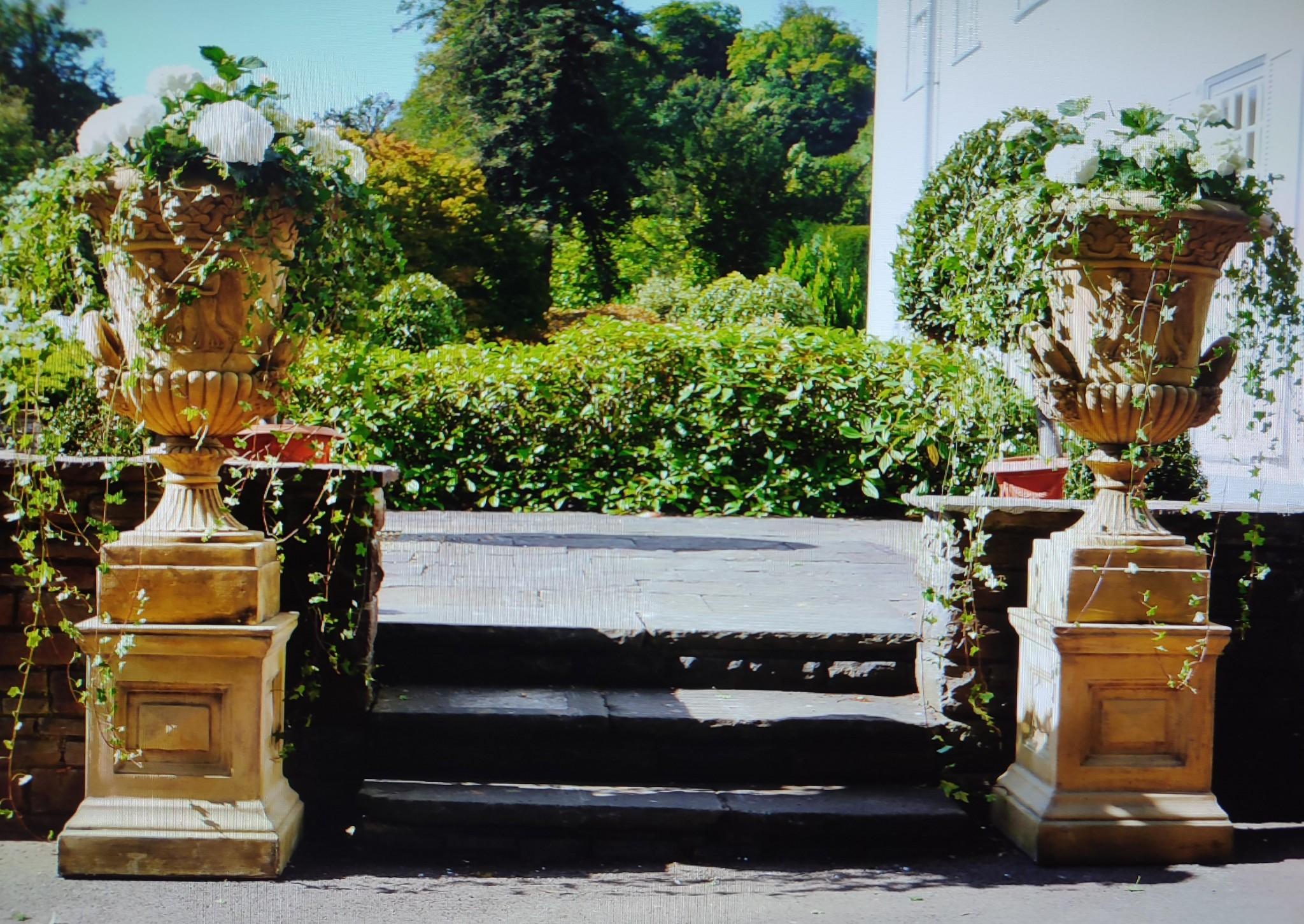 Marble Pair Garden Campana Urns Pedestal Base Classical Thomas Hope Terracotta For Sale