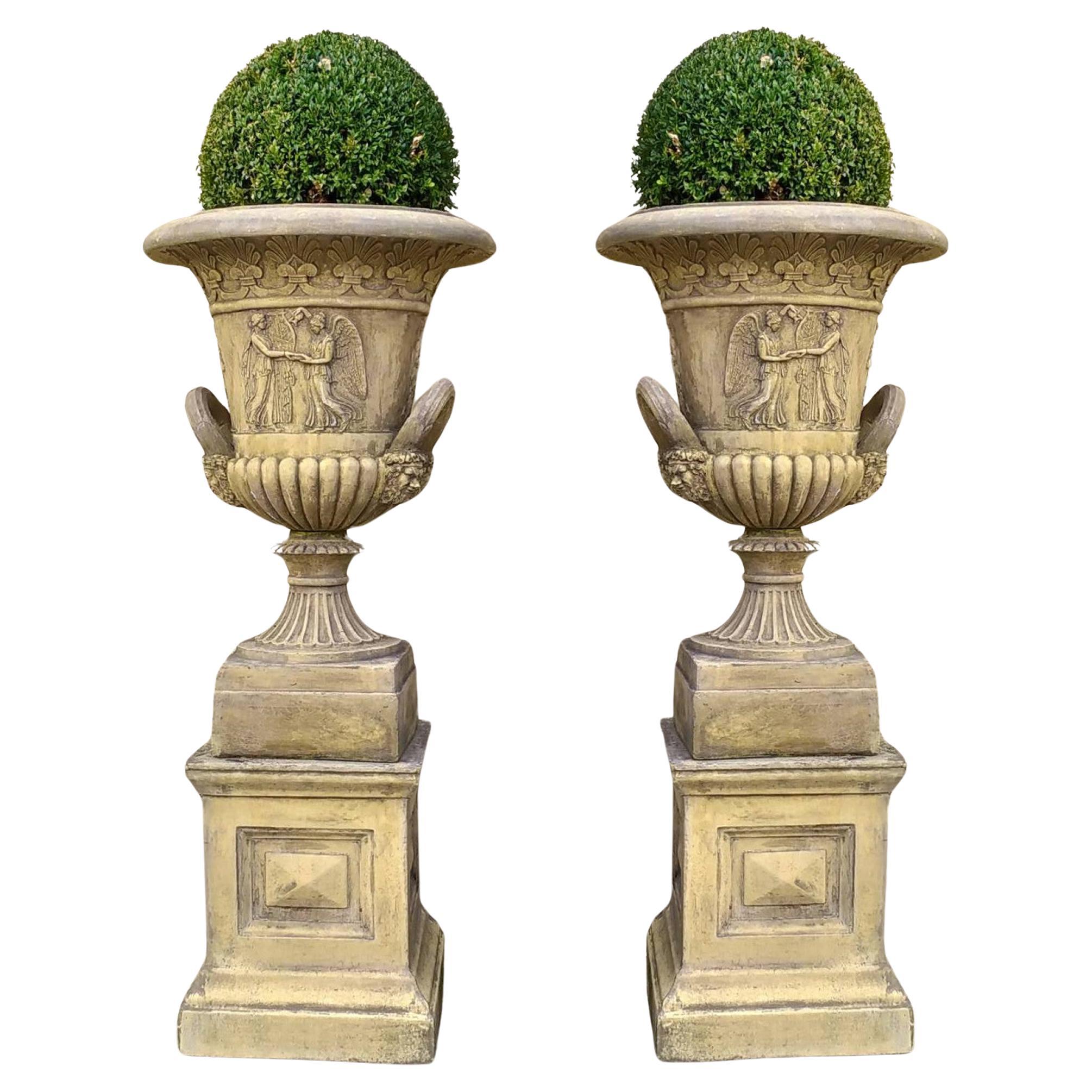 Pair Garden Campana Urns Pedestal Base Classical Thomas Hope Terracotta For Sale
