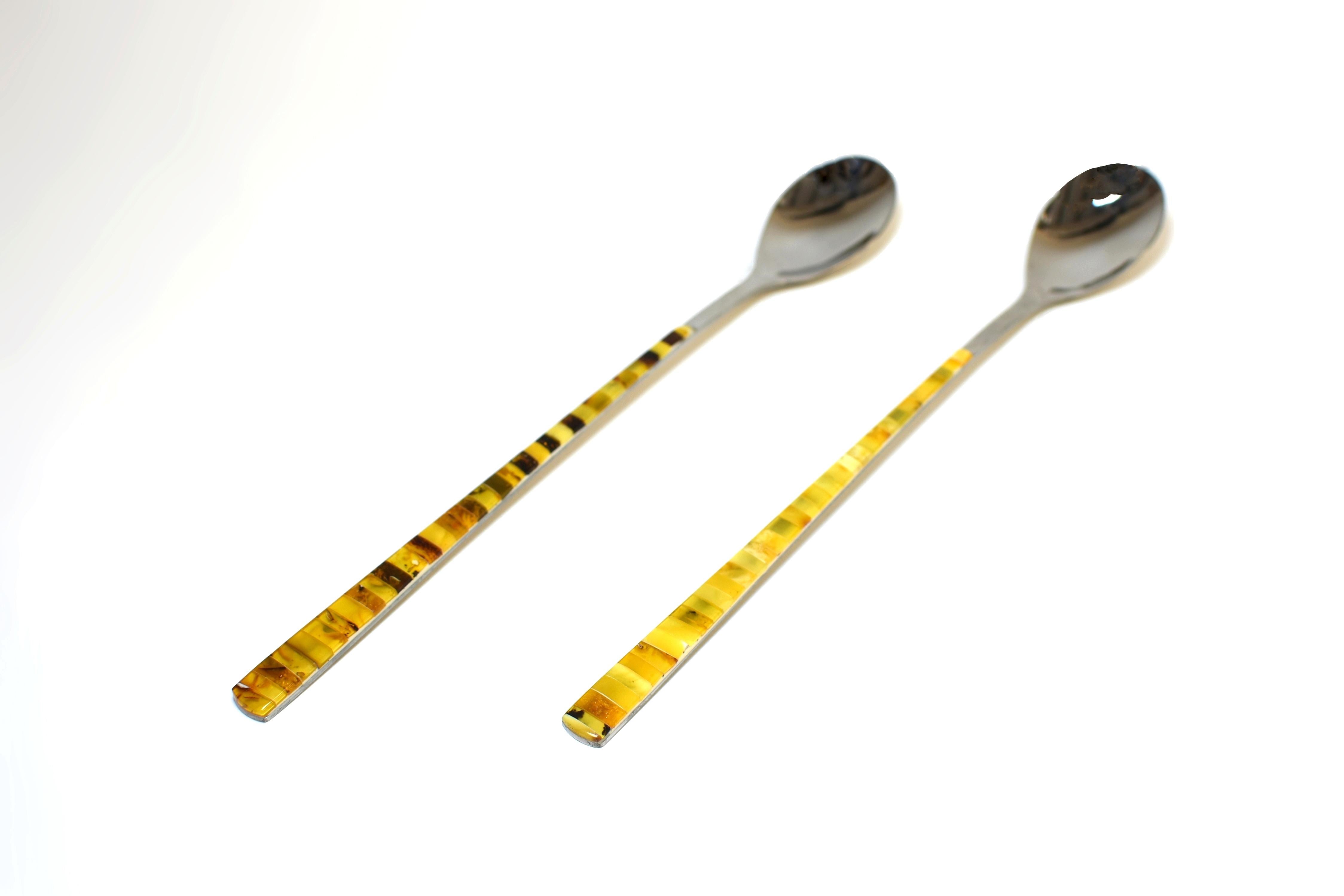 Fatto a mano Coppia di cucchiai lunghi in ambra autentica Inox francese in vendita