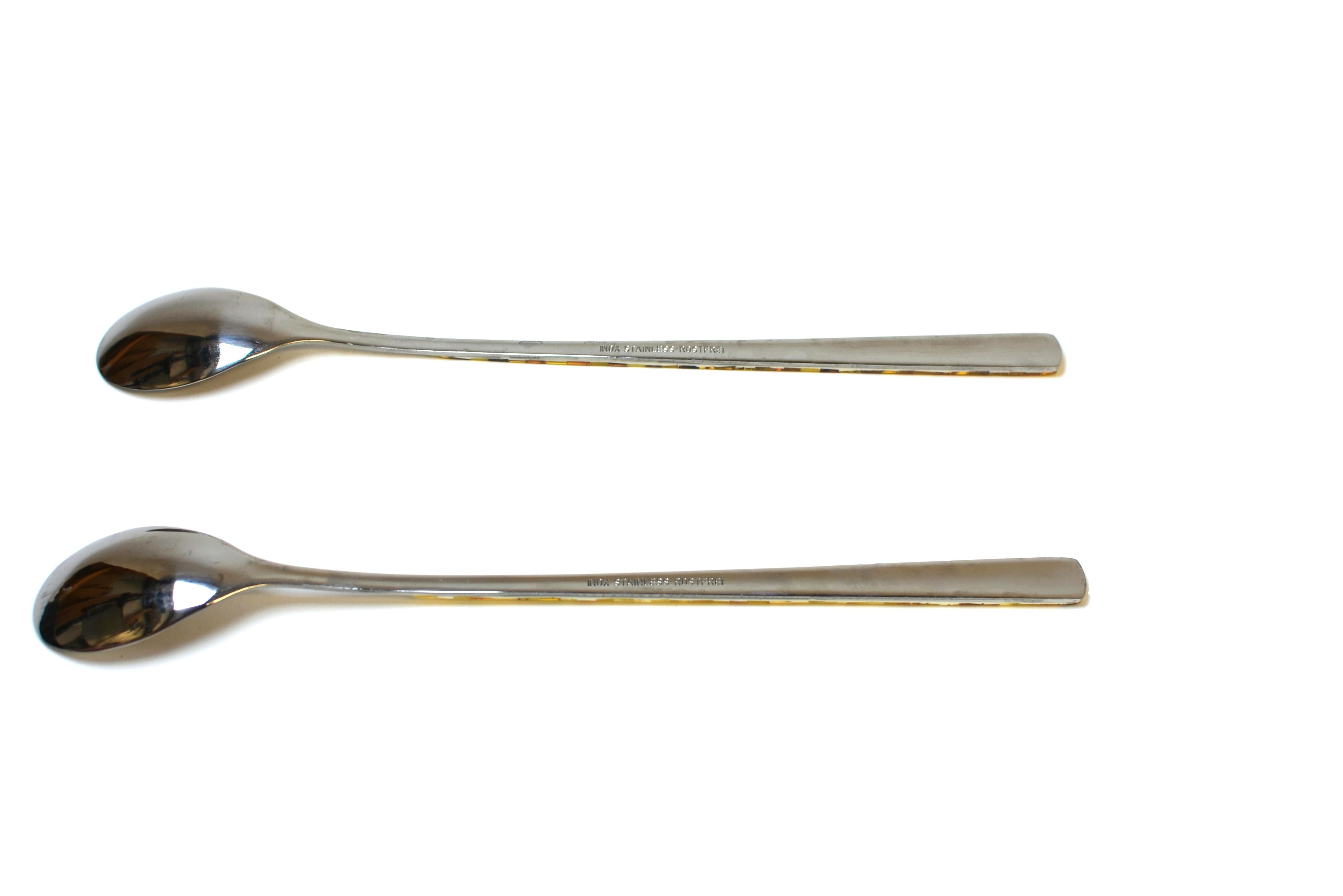 Coppia di cucchiai lunghi in ambra autentica Inox francese in vendita 1