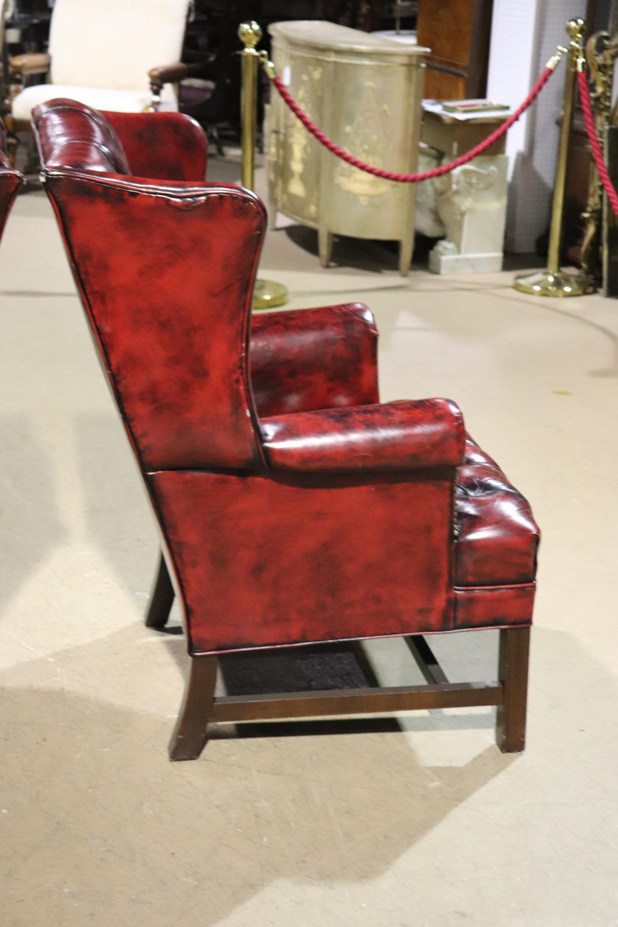 Pair Genuine Leather Oxblood Chesterfield Chippendale Style Mahogany Wing Chairs 8