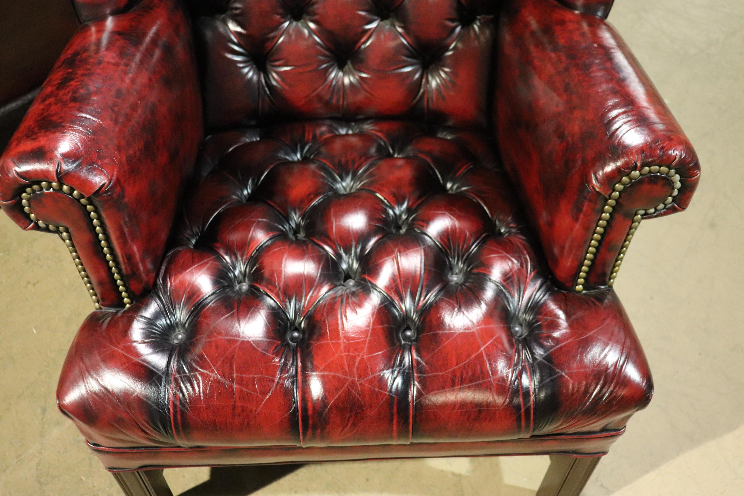 Pair Genuine Leather Oxblood Chesterfield Chippendale Style Mahogany Wing Chairs 10