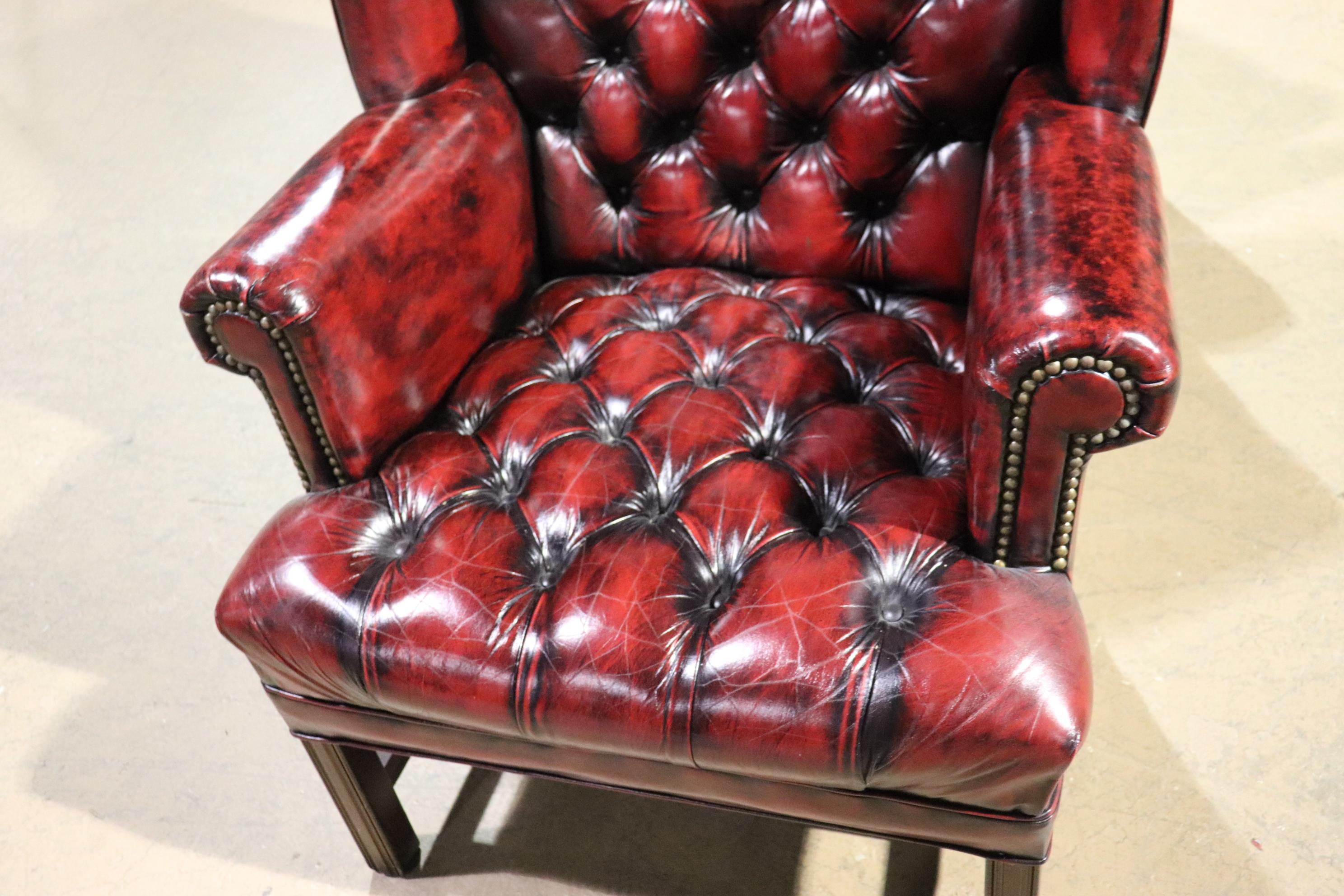 Pair Genuine Leather Oxblood Chesterfield Chippendale Style Mahogany Wing Chairs 11