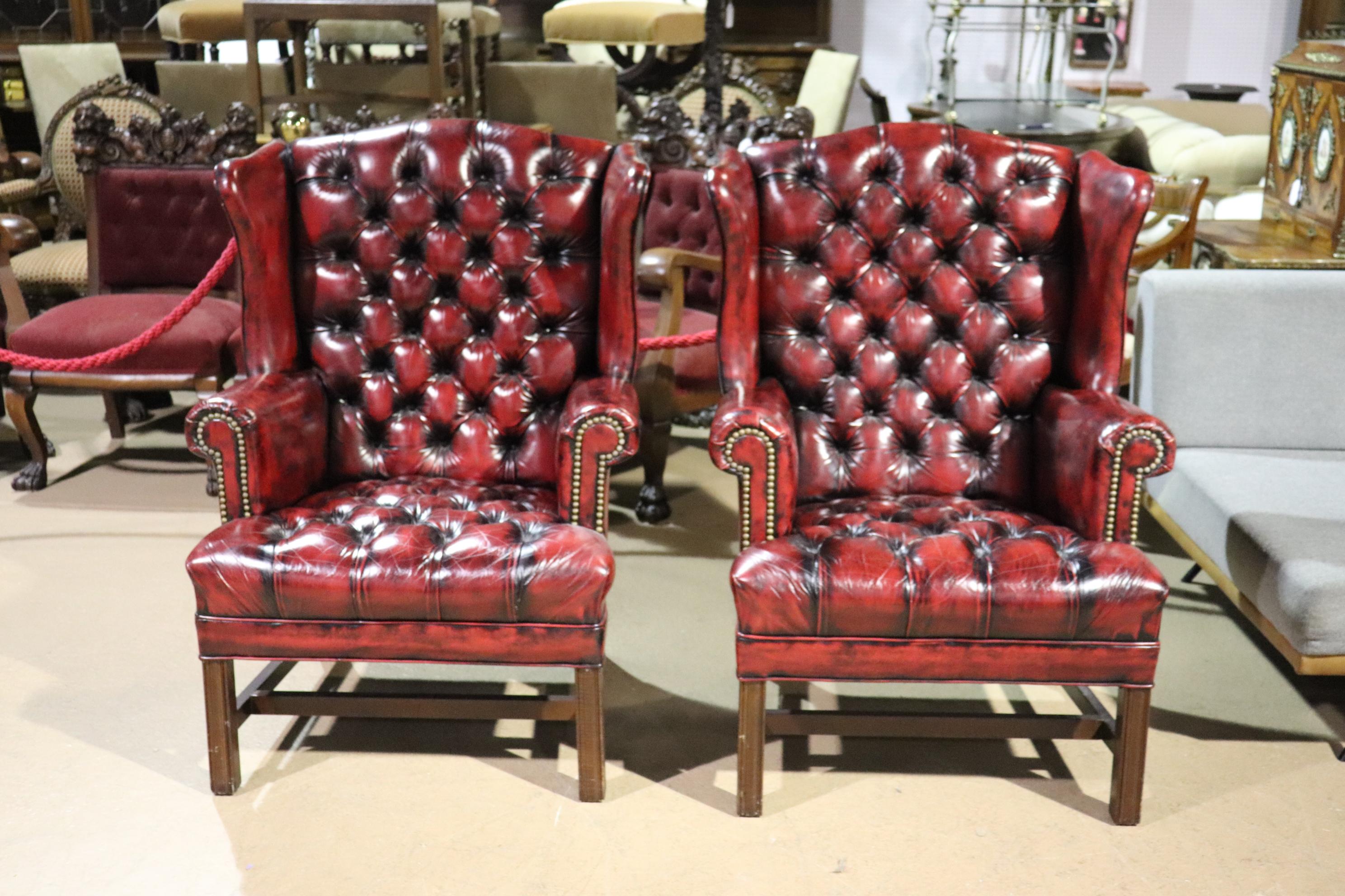 Pair Genuine Leather Oxblood Chesterfield Chippendale Style Mahogany Wing Chairs 14