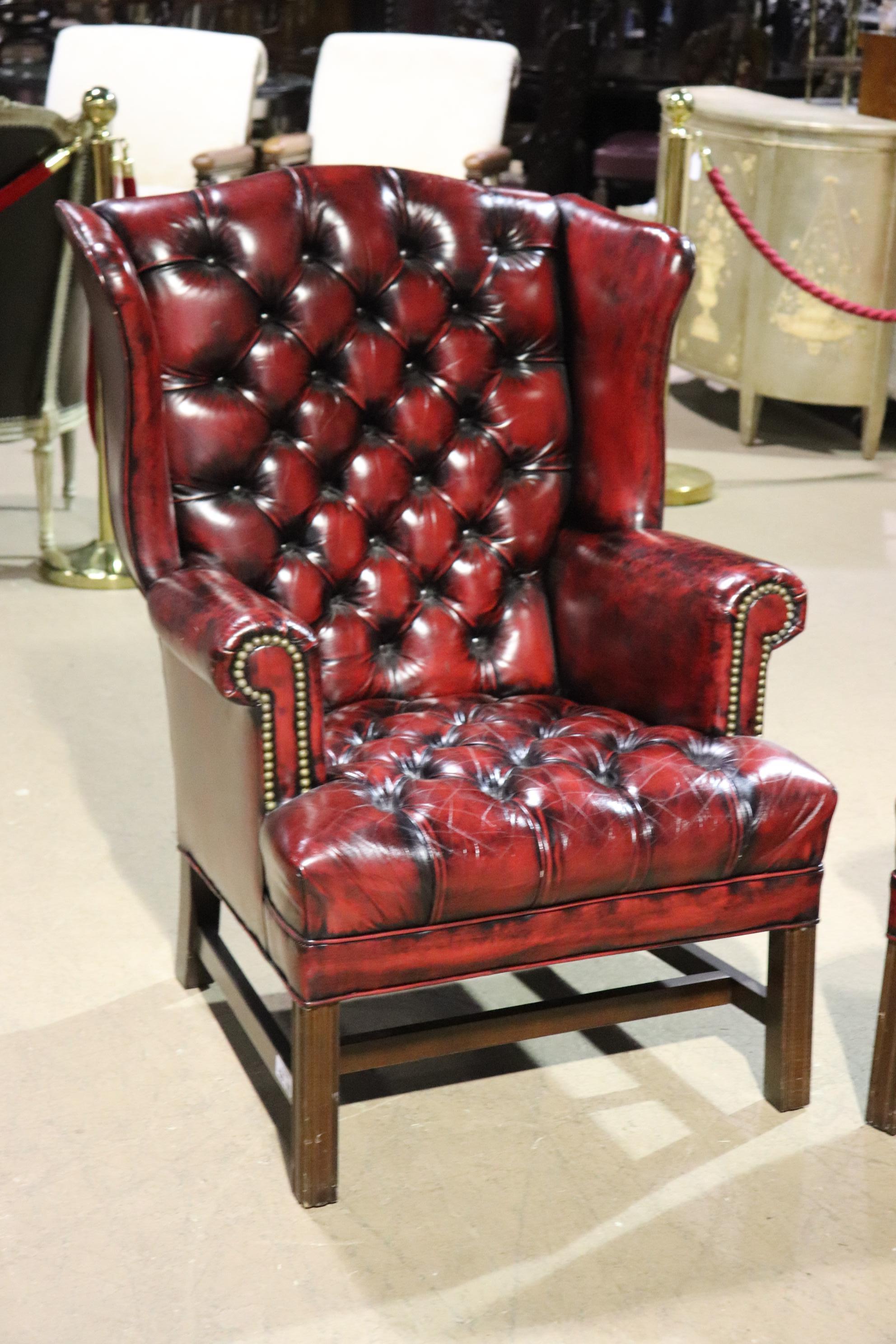 American Pair Genuine Leather Oxblood Chesterfield Chippendale Style Mahogany Wing Chairs