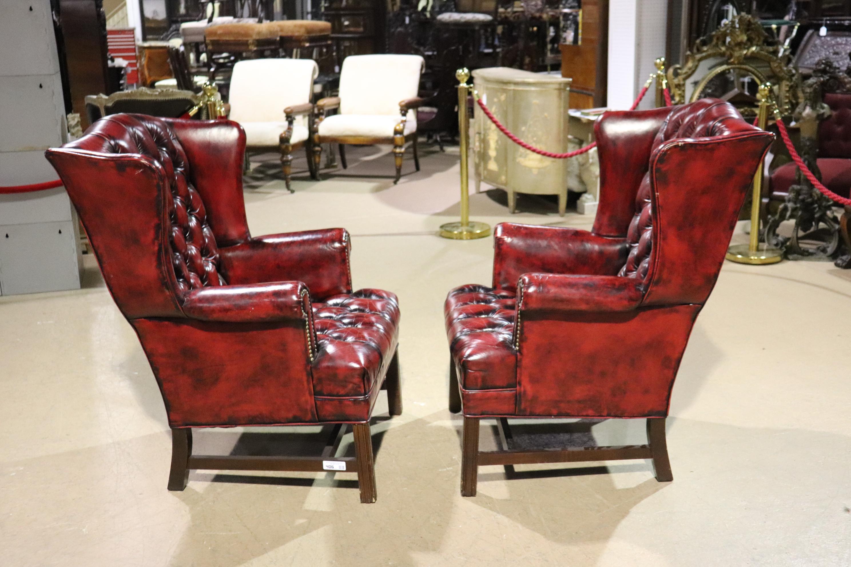 Pair Genuine Leather Oxblood Chesterfield Chippendale Style Mahogany Wing Chairs 1