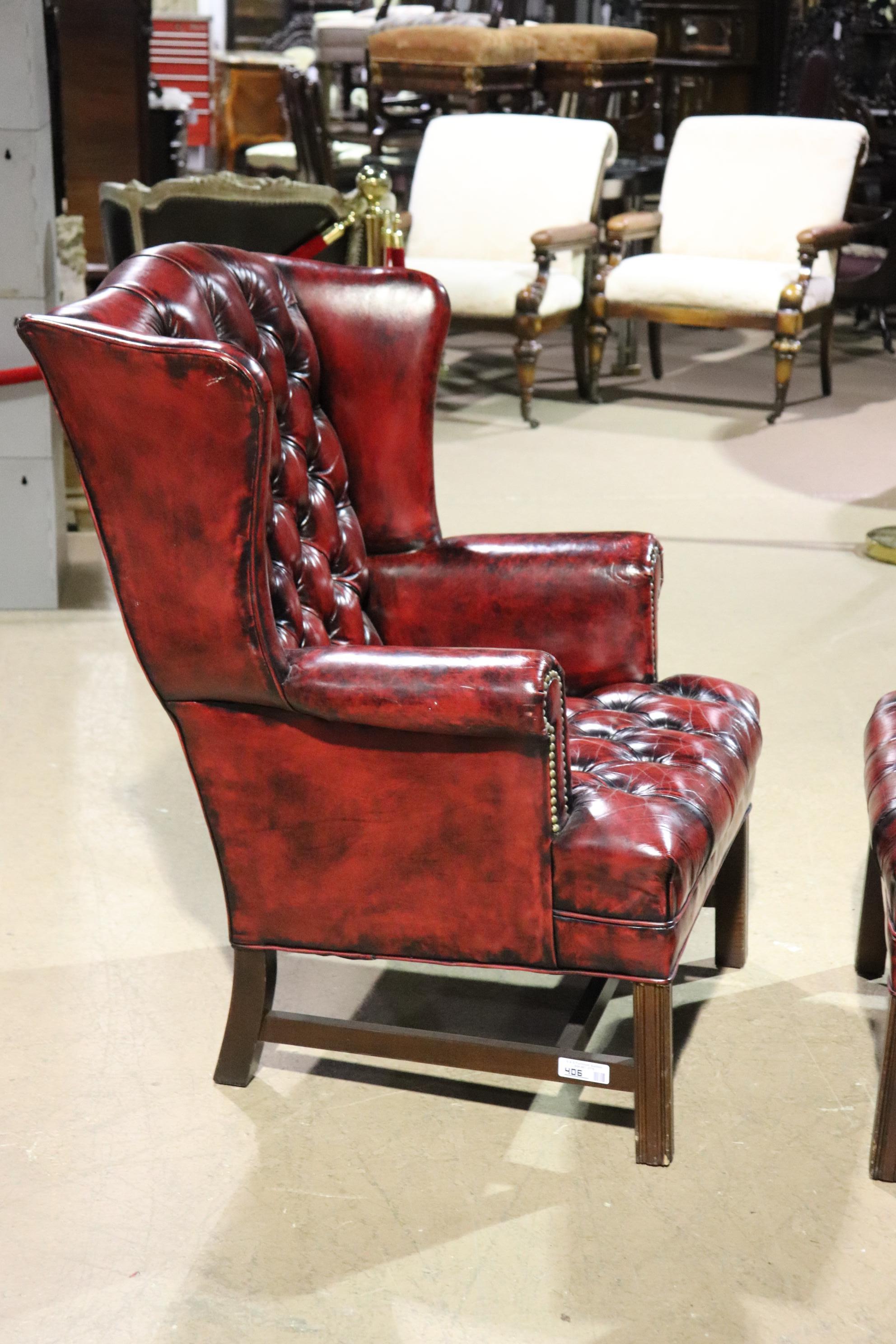 Pair Genuine Leather Oxblood Chesterfield Chippendale Style Mahogany Wing Chairs 3