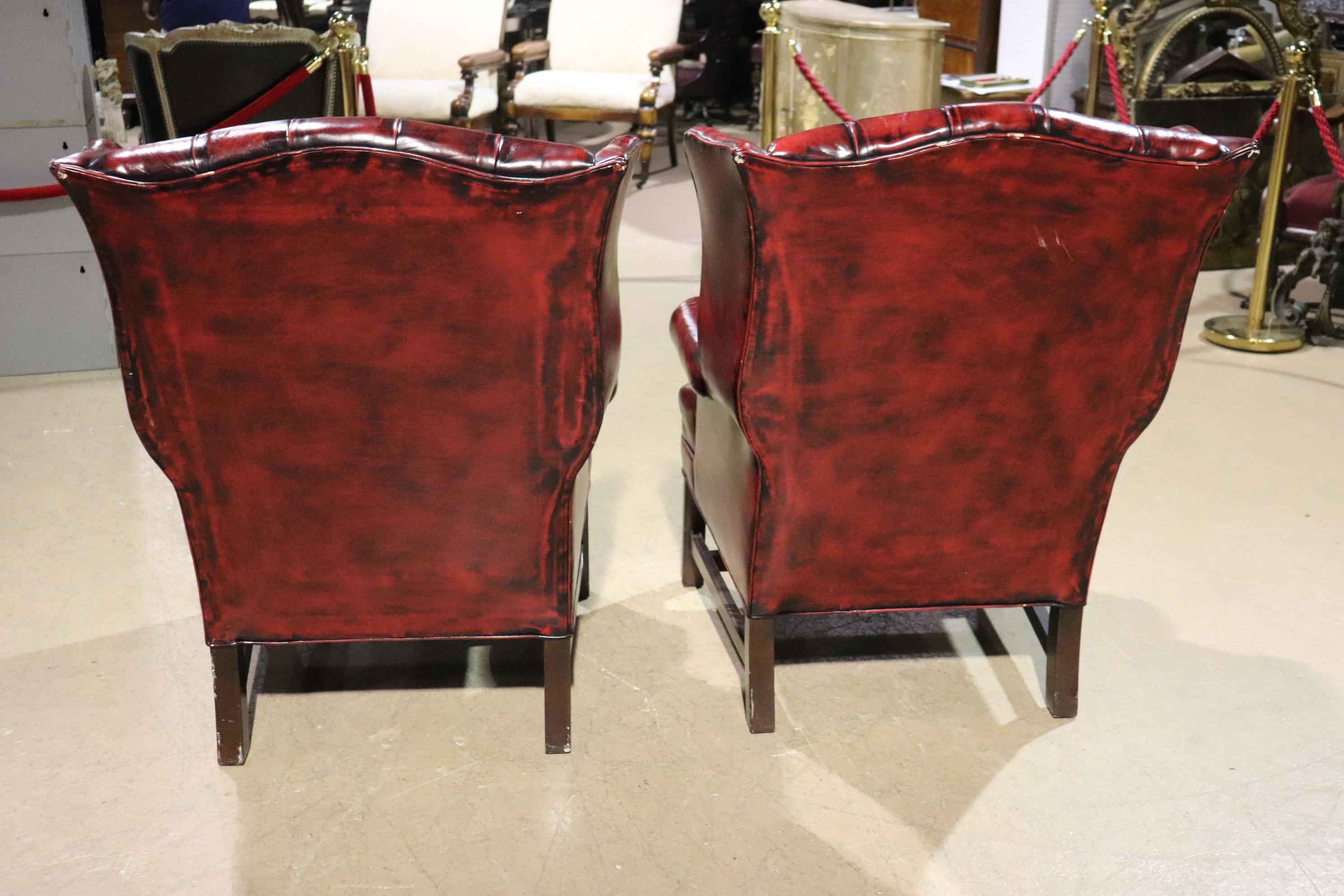 Pair Genuine Leather Oxblood Chesterfield Chippendale Style Mahogany Wing Chairs 4