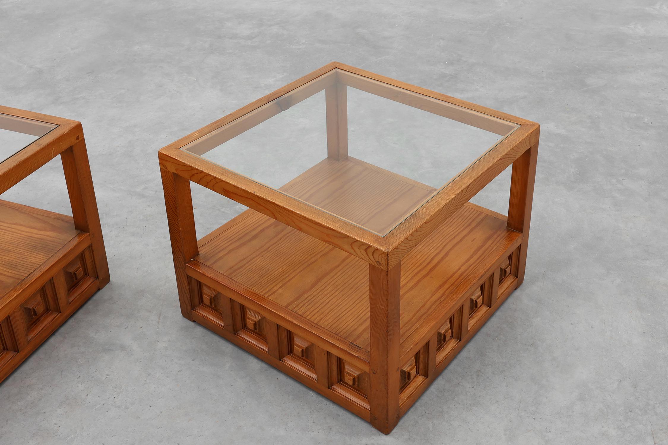 Mid-20th Century Pair geographical designed square Biosca coffee tables in pine wood, Spain 1960s For Sale