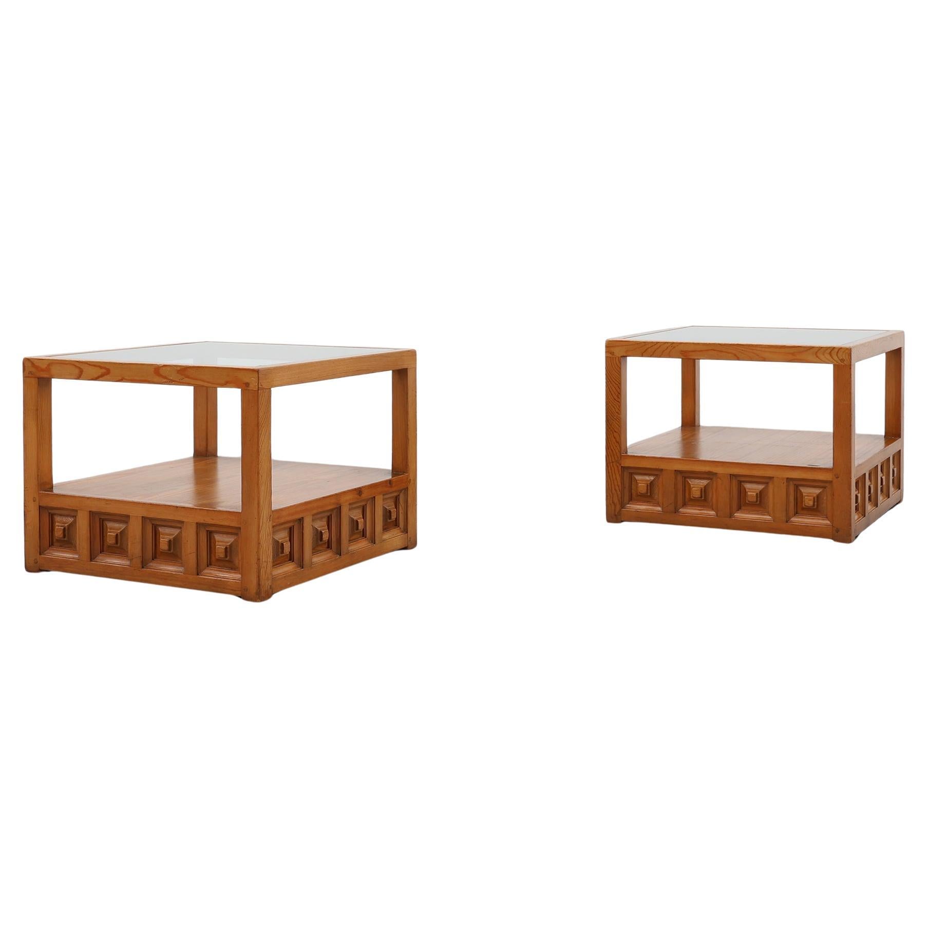Pair geographical designed square Biosca coffee tables in pine wood, Spain 1960s For Sale