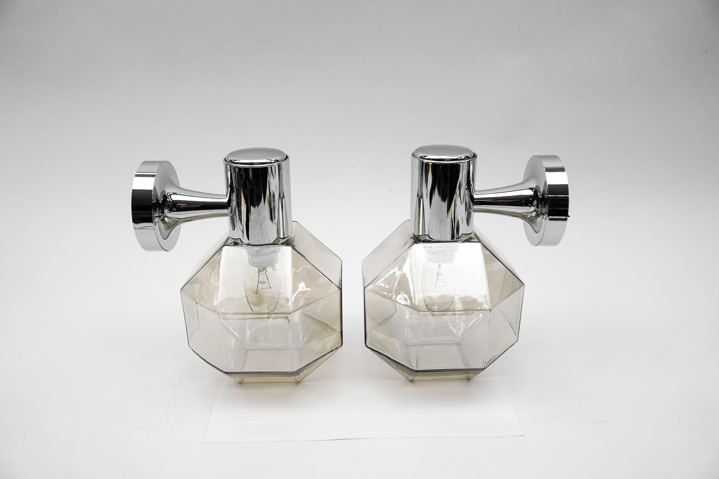 German Pair Geometric Chrome and Smoked Glass Wall Lamps, 1960s For Sale