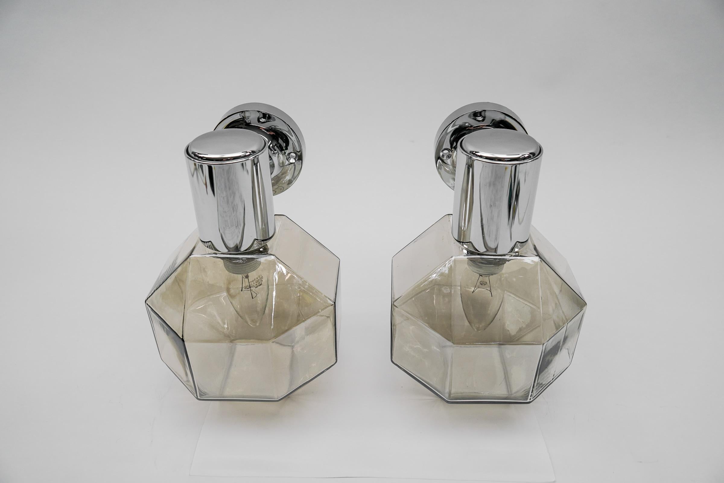 Metal Pair Geometric Chrome and Smoked Glass Wall Lamps, 1960s For Sale