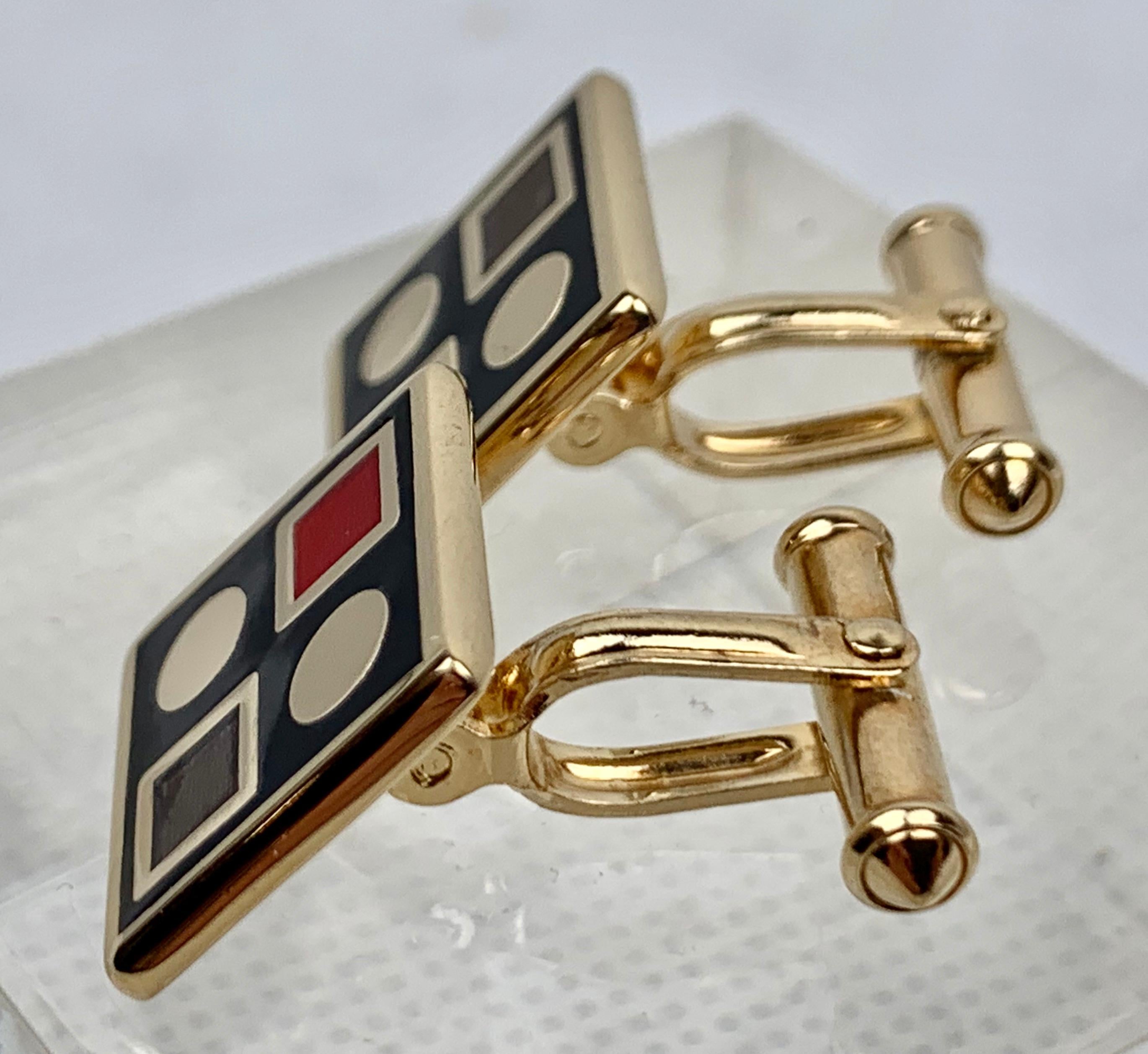 Vintage Geometric Design Cufflinks with Engine Turning and Red/Black Enamel 2