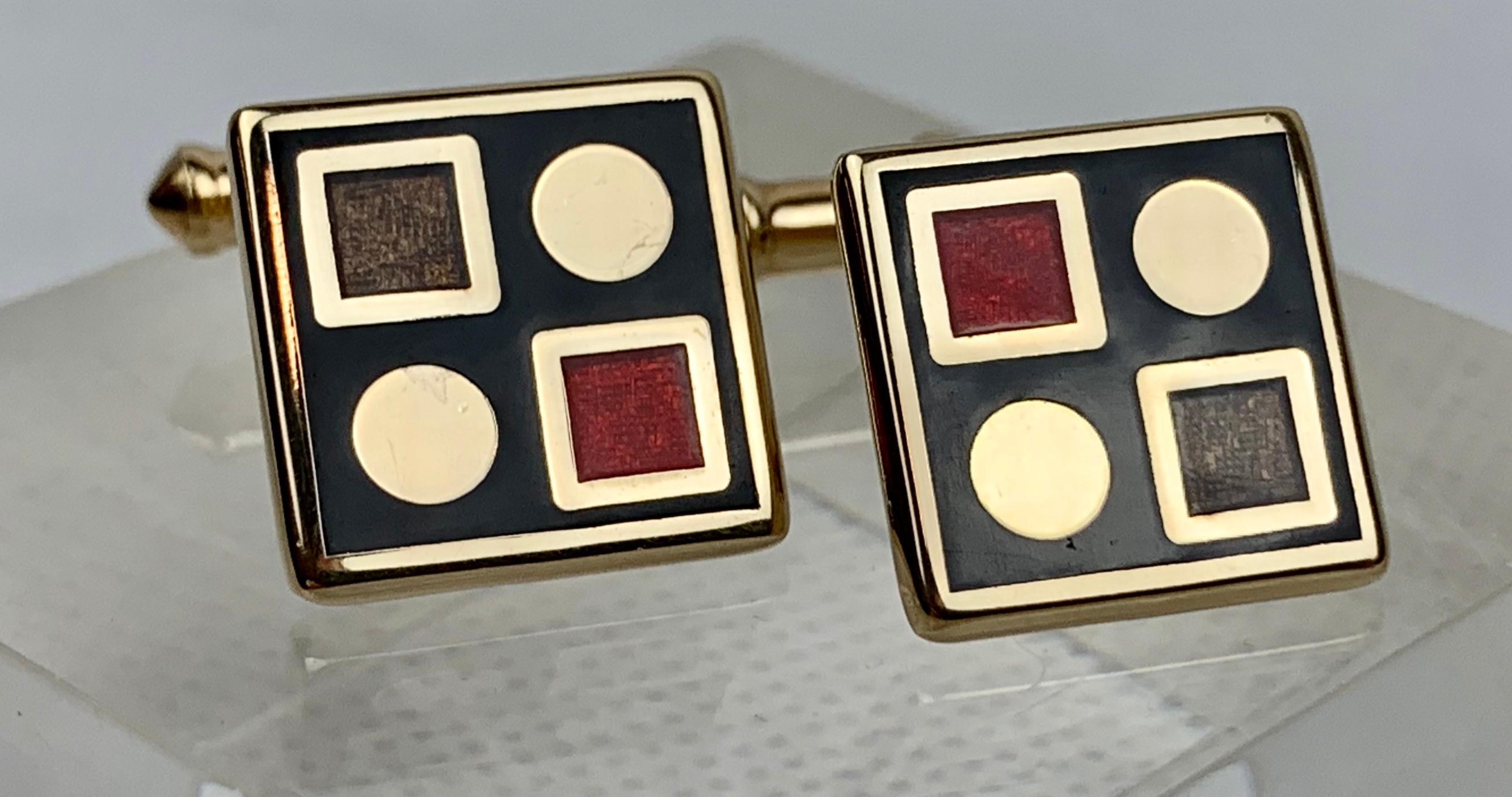 Vintage Geometric Design Cufflinks with Engine Turning and Red/Black Enamel 3