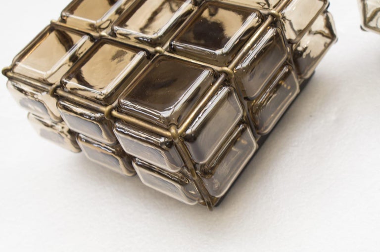 Pair of Geometric Glass Flush Mounts with a Brass Grid from 