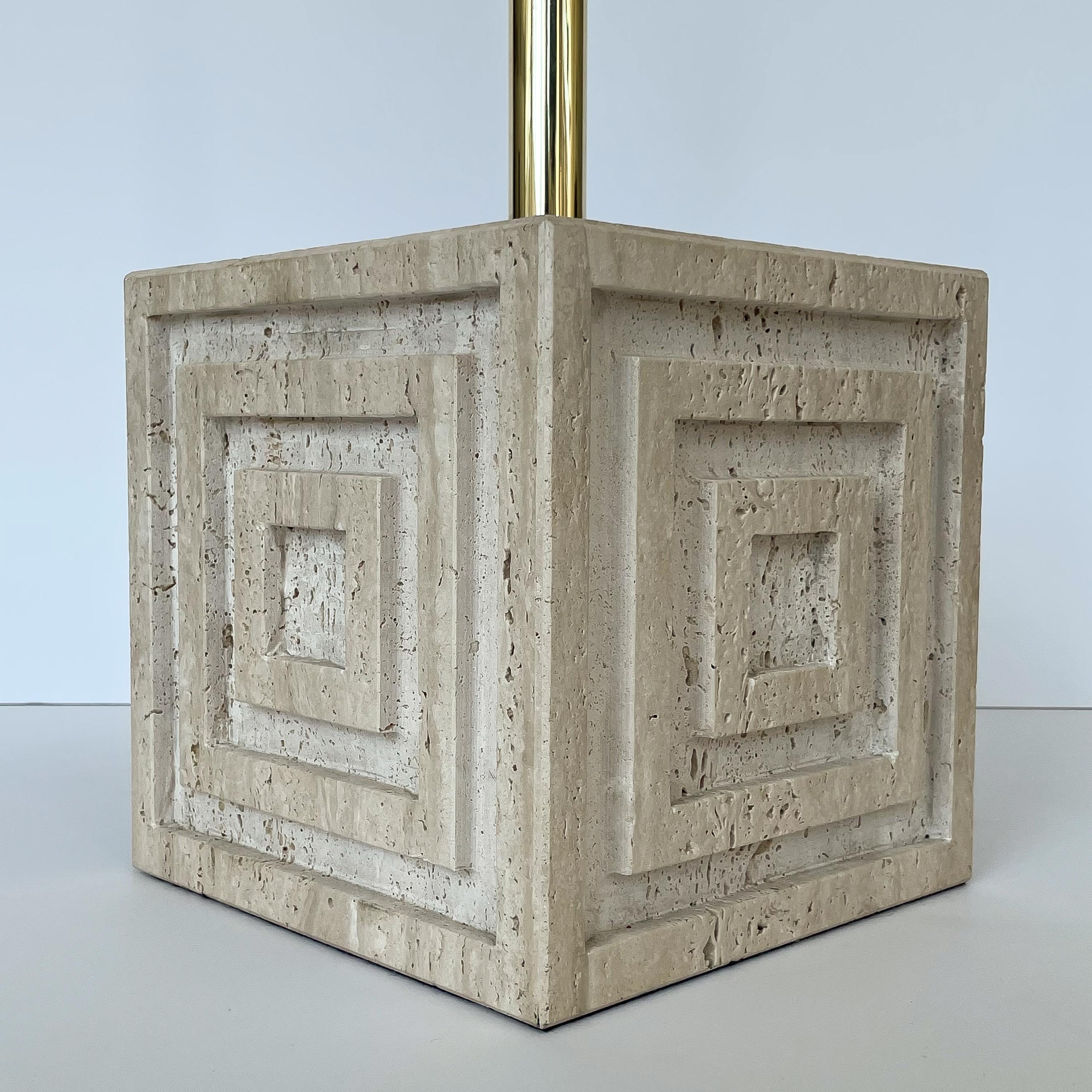 Pair Geometric Italian Travertine and Brass Table Lamps 7