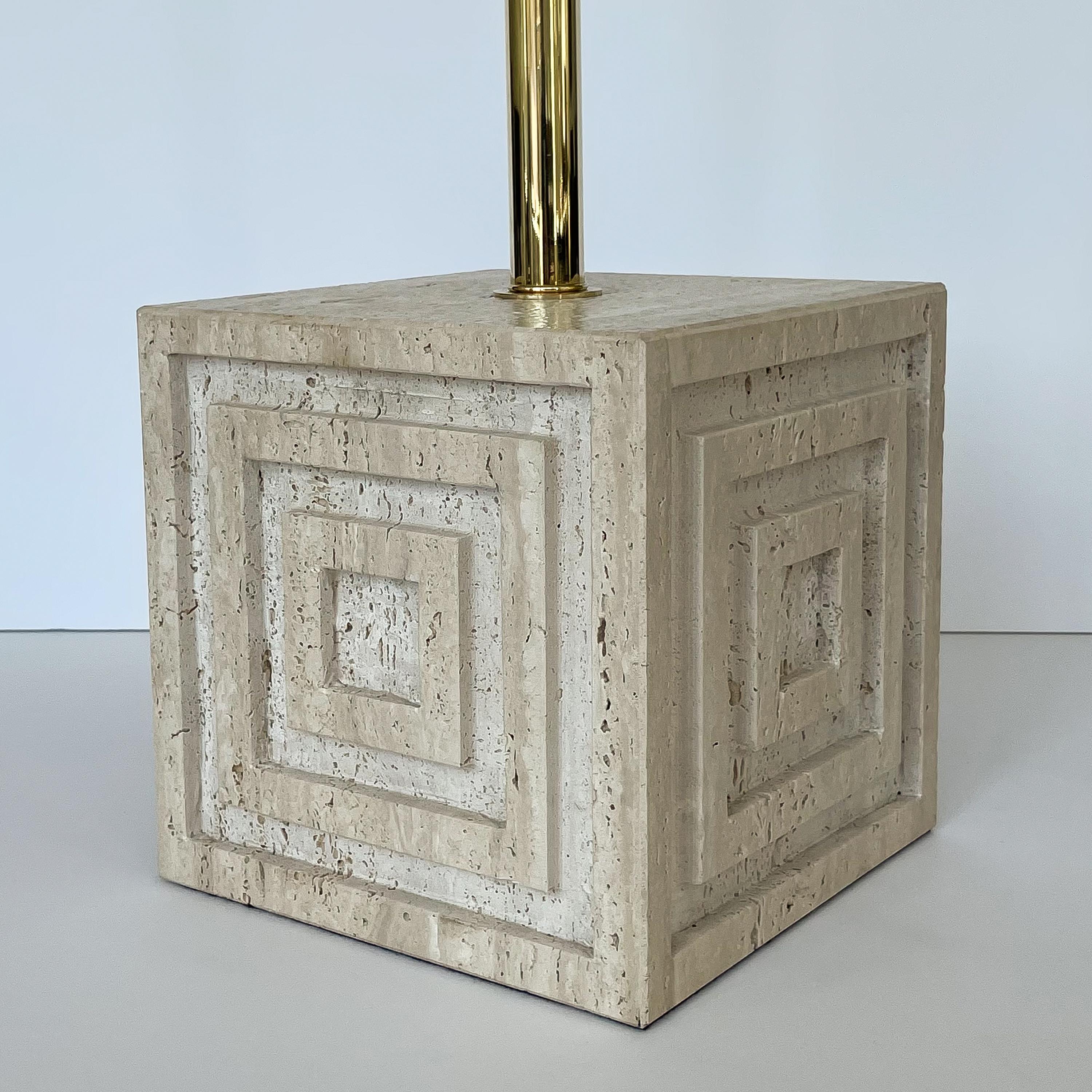 Pair Geometric Italian Travertine and Brass Table Lamps 9