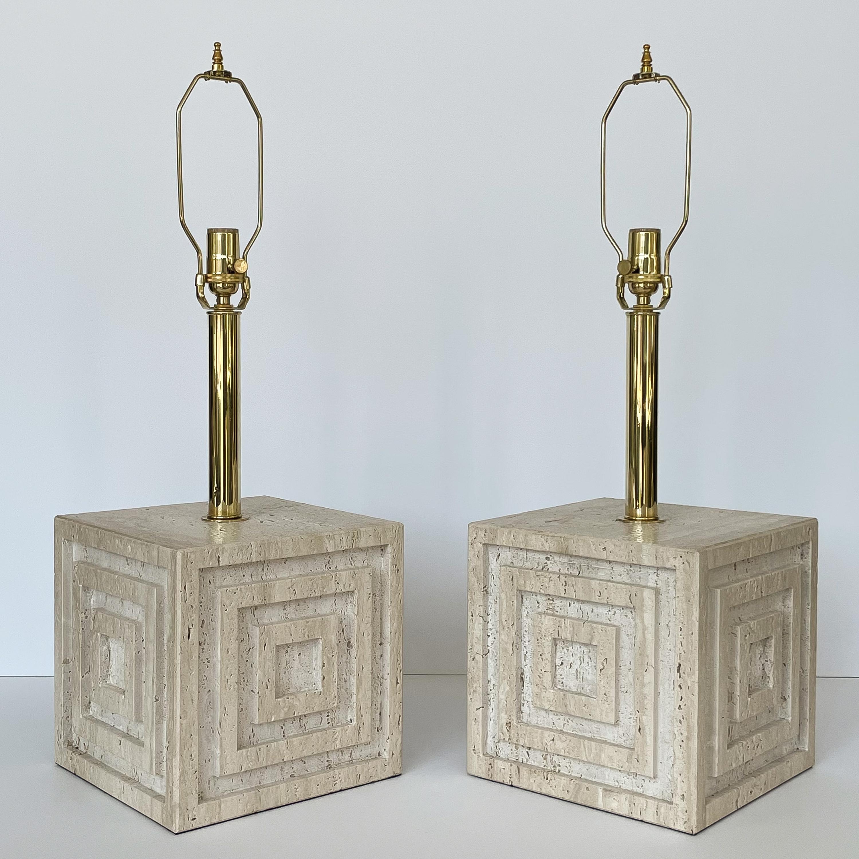A spectacular pair of Italian travertine table lamps with concentric geometric motif, Italy circa 1970s. 10