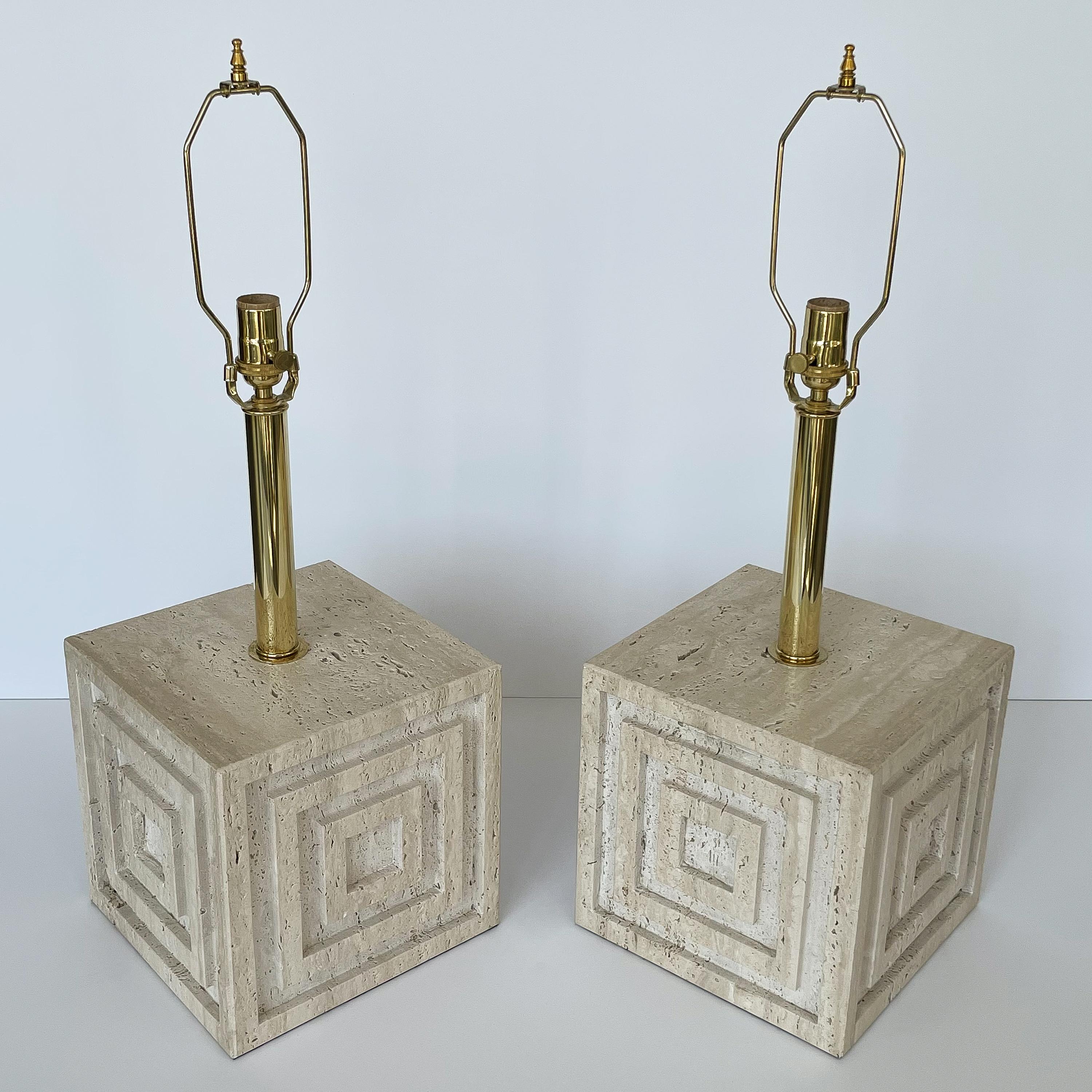 Mid-Century Modern Pair Geometric Italian Travertine and Brass Table Lamps