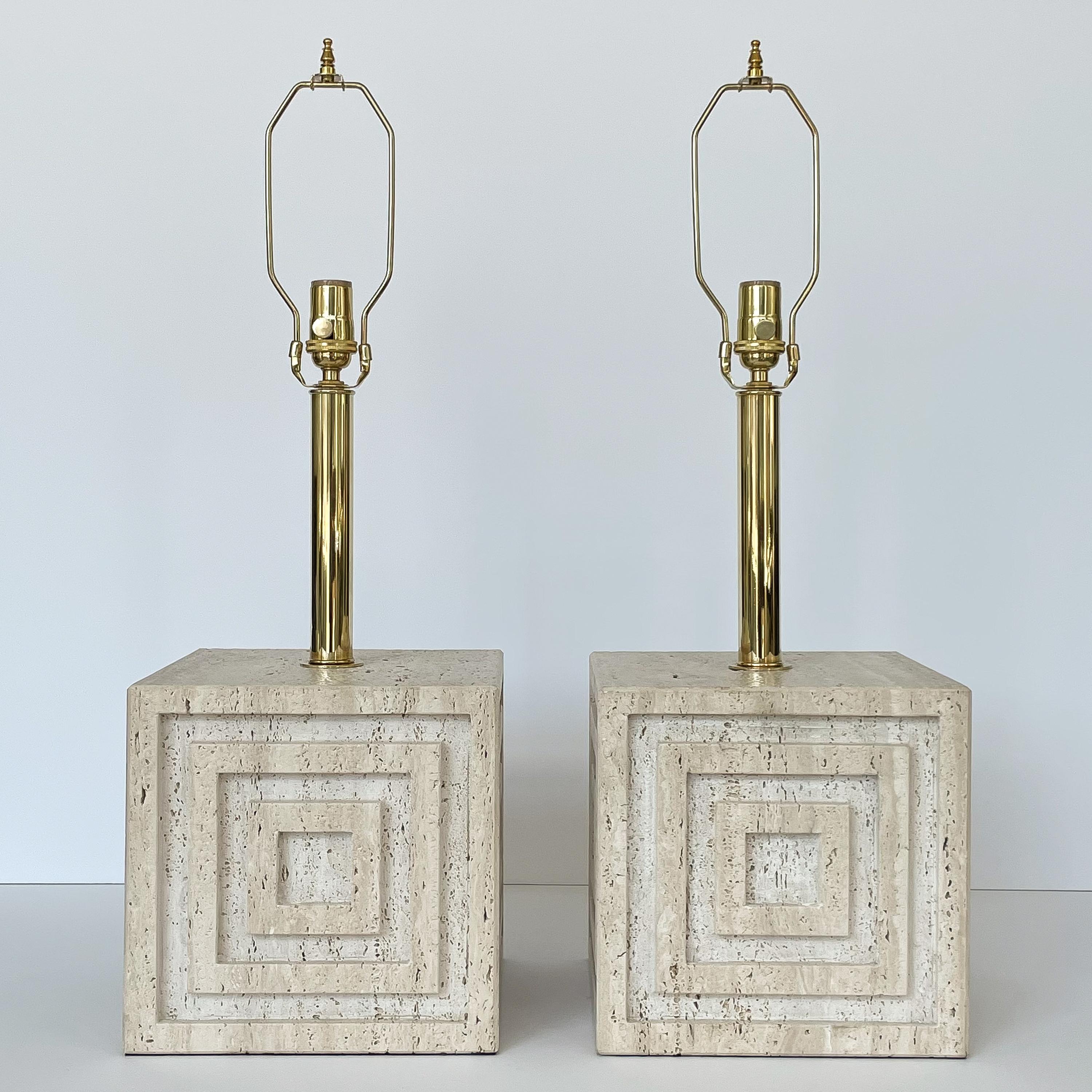 Late 20th Century Pair Geometric Italian Travertine and Brass Table Lamps