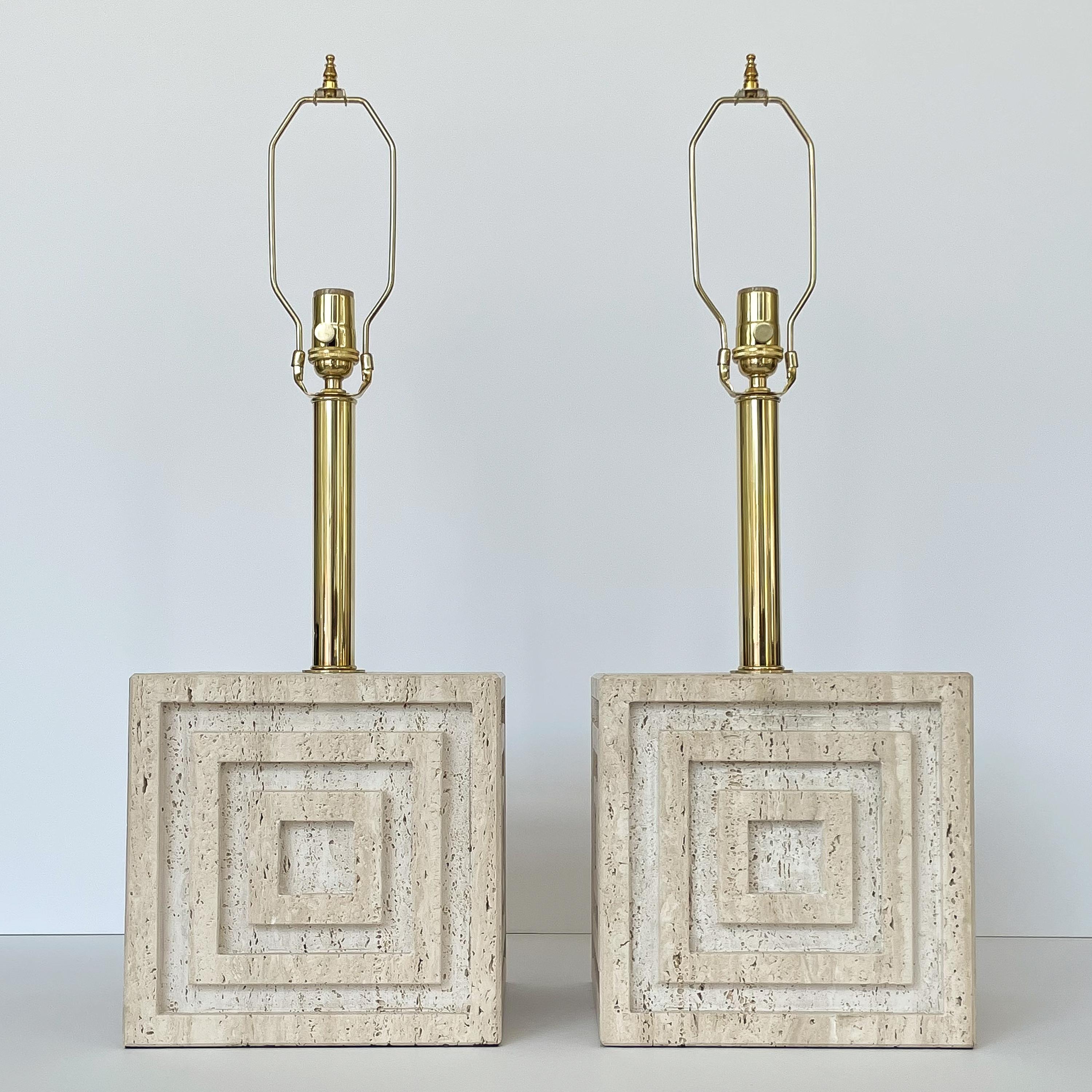 Pair Geometric Italian Travertine and Brass Table Lamps 1