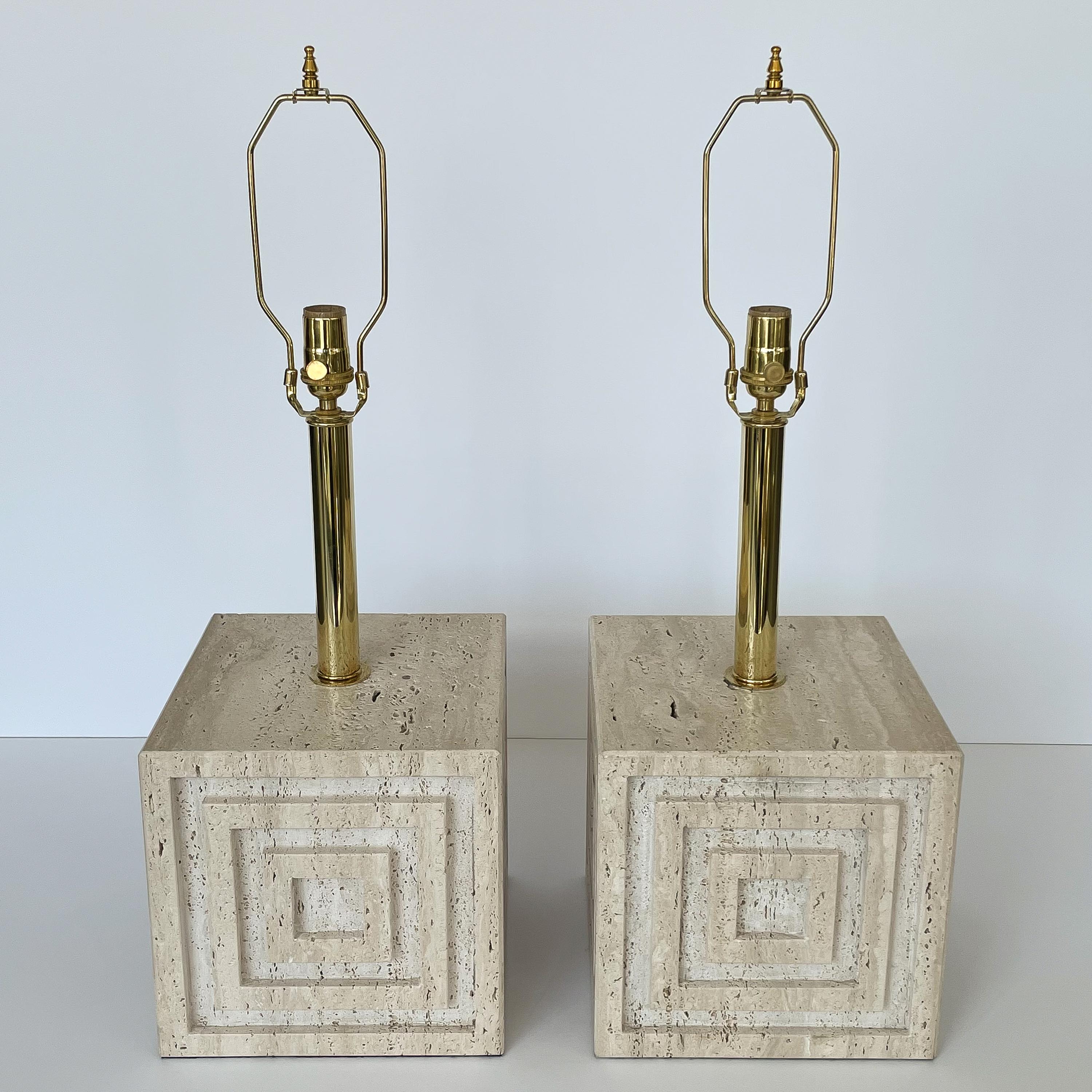Pair Geometric Italian Travertine and Brass Table Lamps 2