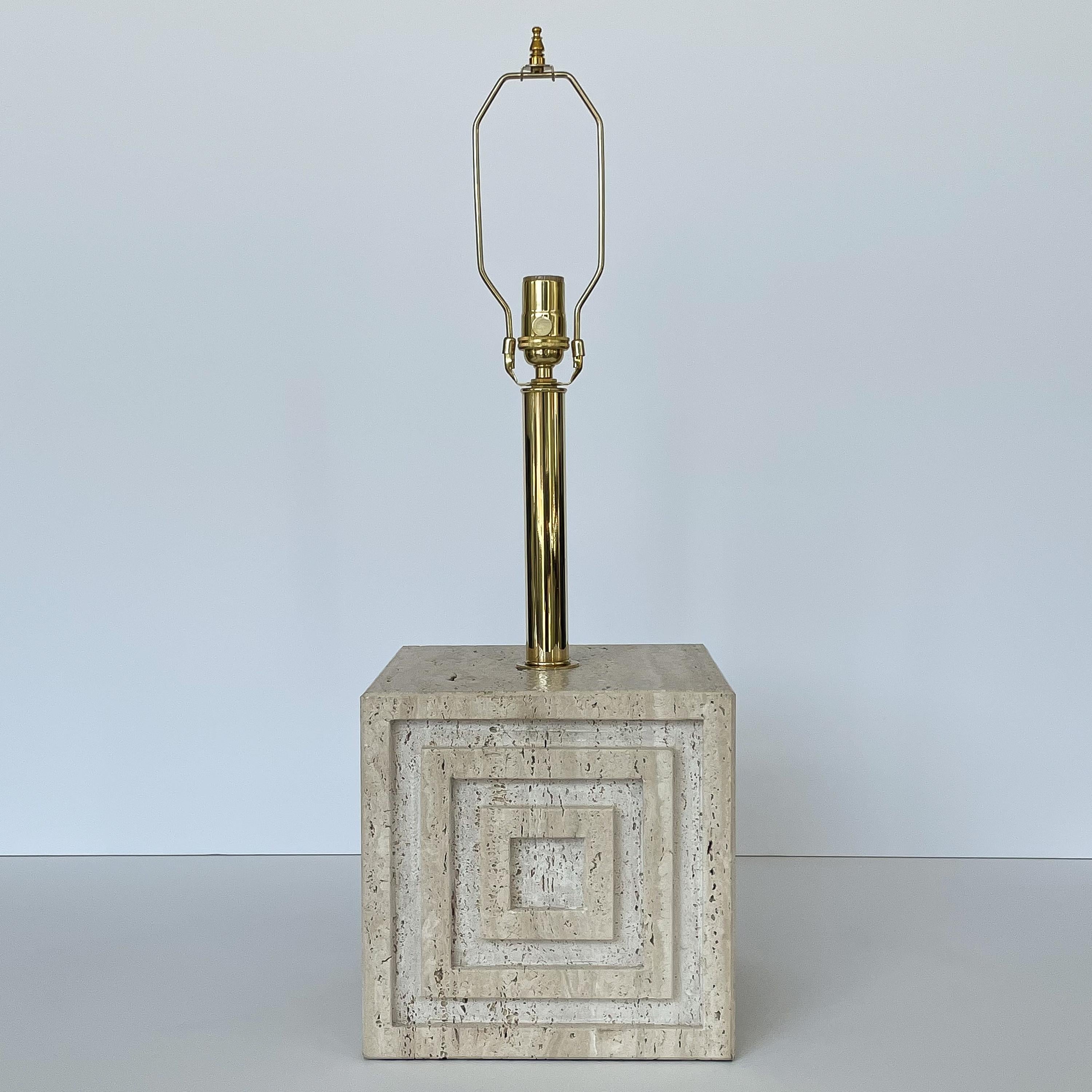 Pair Geometric Italian Travertine and Brass Table Lamps 3