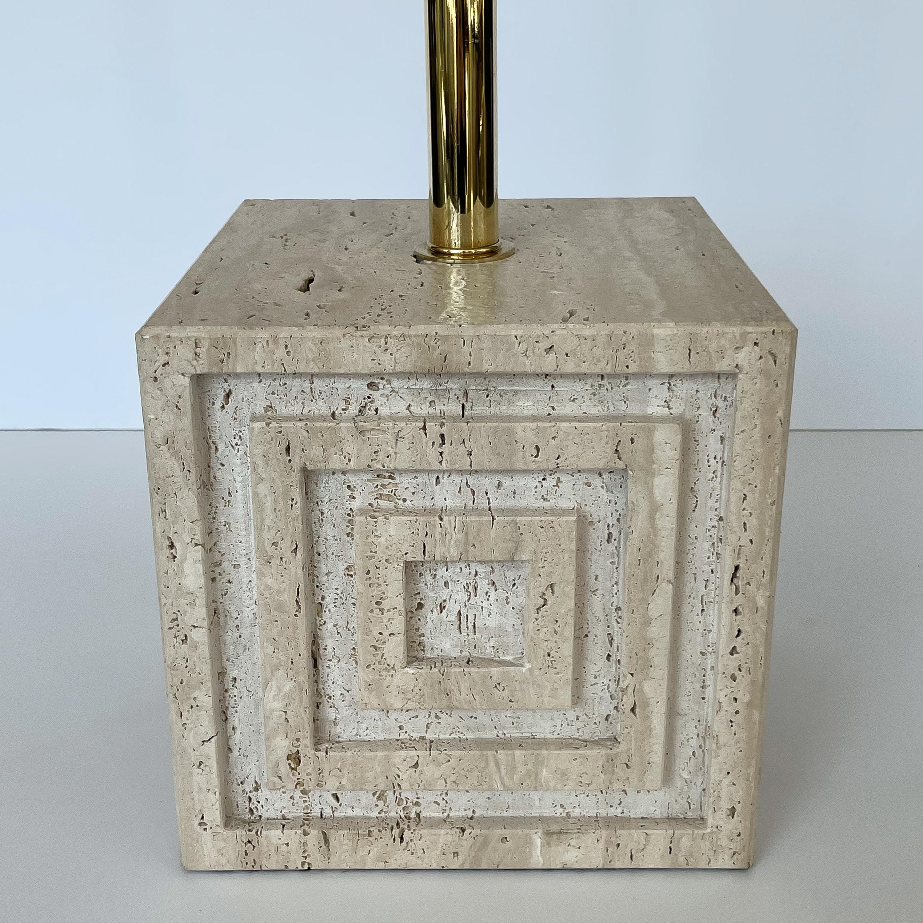 Pair Geometric Italian Travertine and Brass Table Lamps 4