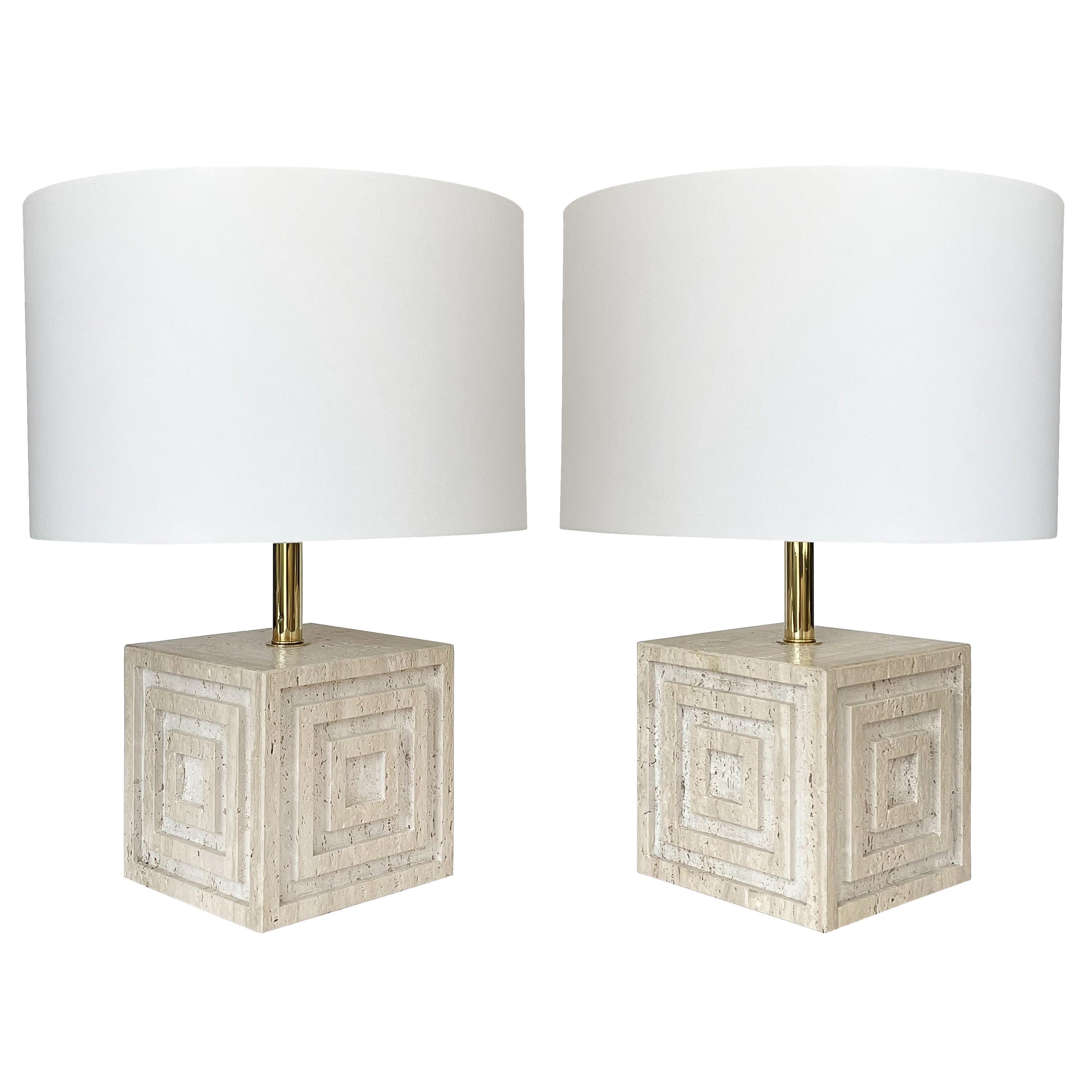 Pair Geometric Italian Travertine and Brass Table Lamps