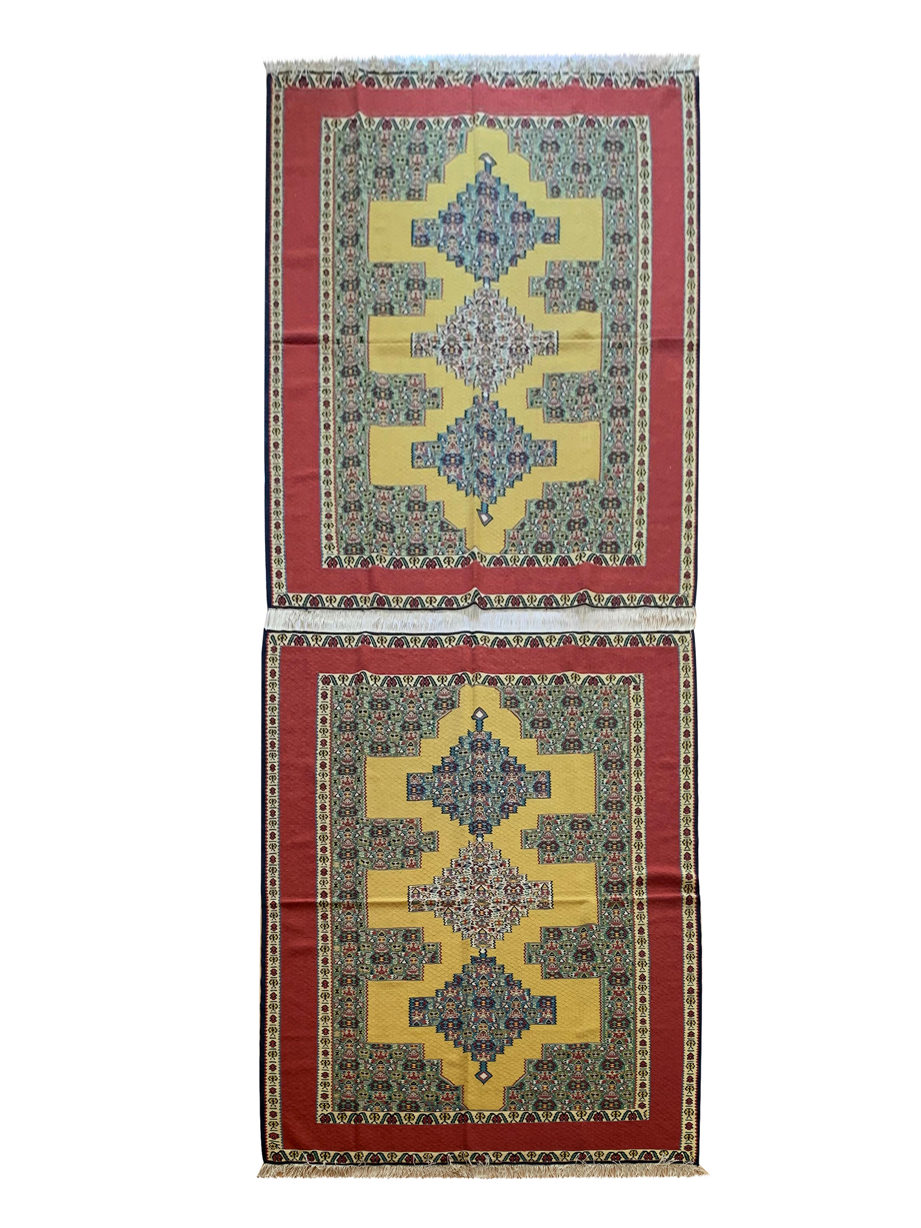 Pair Geometric Kilim Rugs Handwoven Kurdish Yellow Red Wool Silk Rug For Sale 3