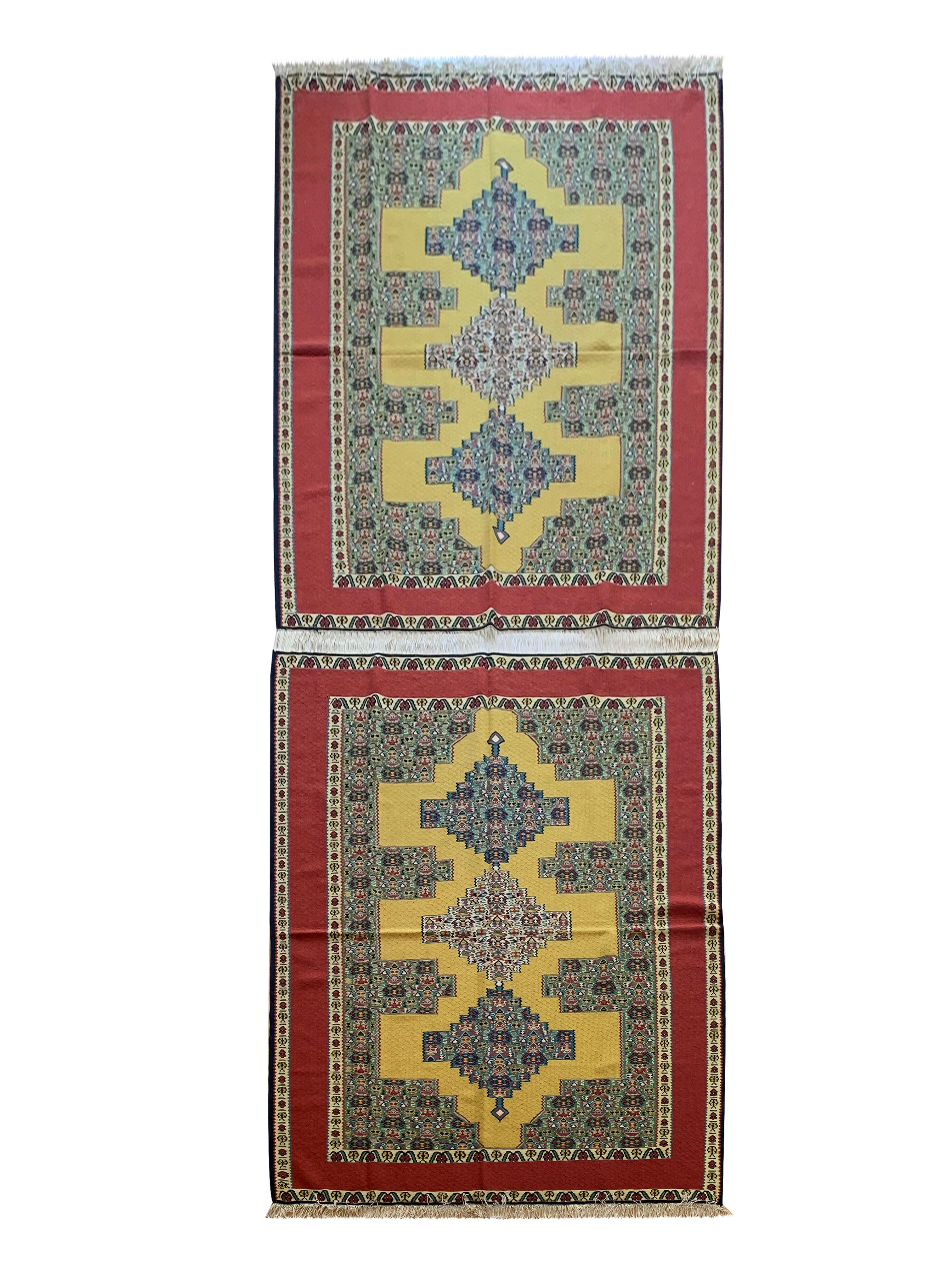 Pair Geometric Kilim Rugs Handwoven Kurdish Yellow Red Wool Silk Rug  For Sale 3